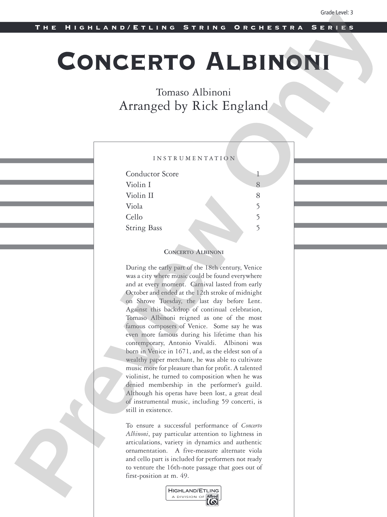 Concerto Albinoni: String Orchestra Conductor Score & Parts