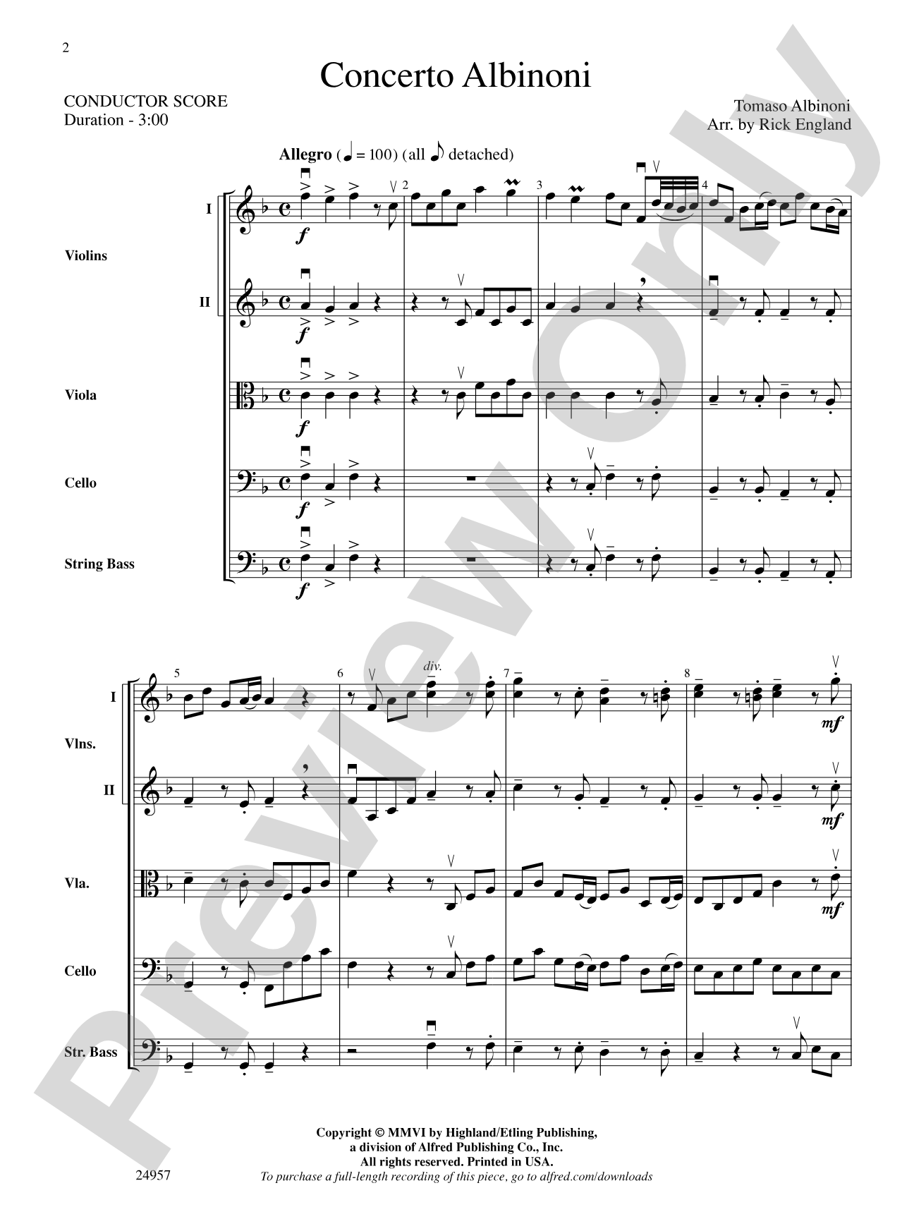 Concerto Albinoni: String Orchestra Conductor Score & Parts