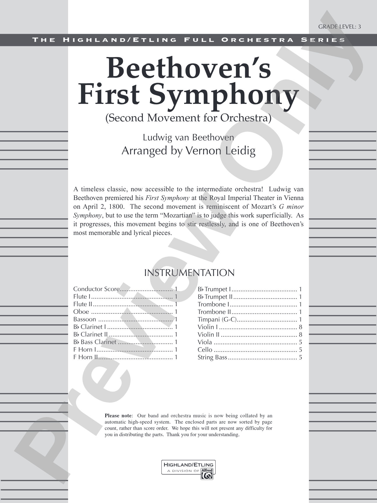 Beethoven's First Symphony, Second Movement: Full Orchestra Conductor Score & Parts