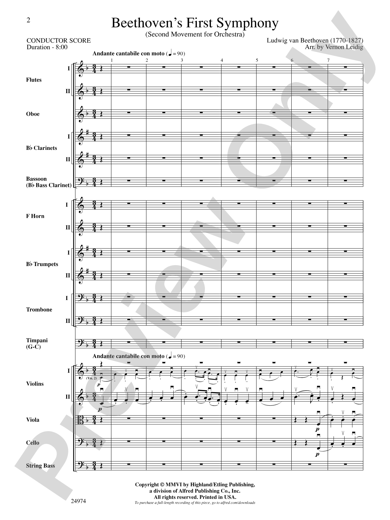 Beethoven's First Symphony, Second Movement: Full Orchestra Conductor Score & Parts