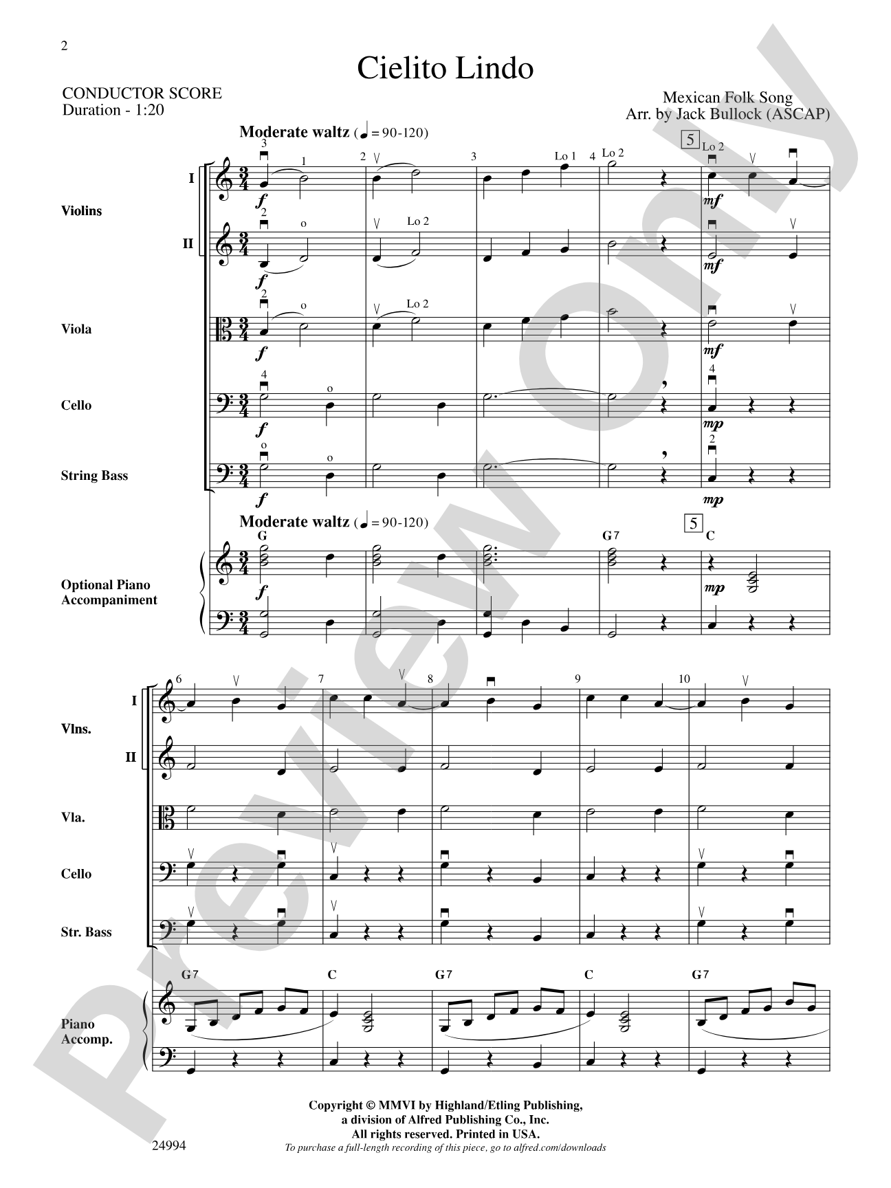 Cielito Lindo: String Orchestra Conductor Score & Parts
