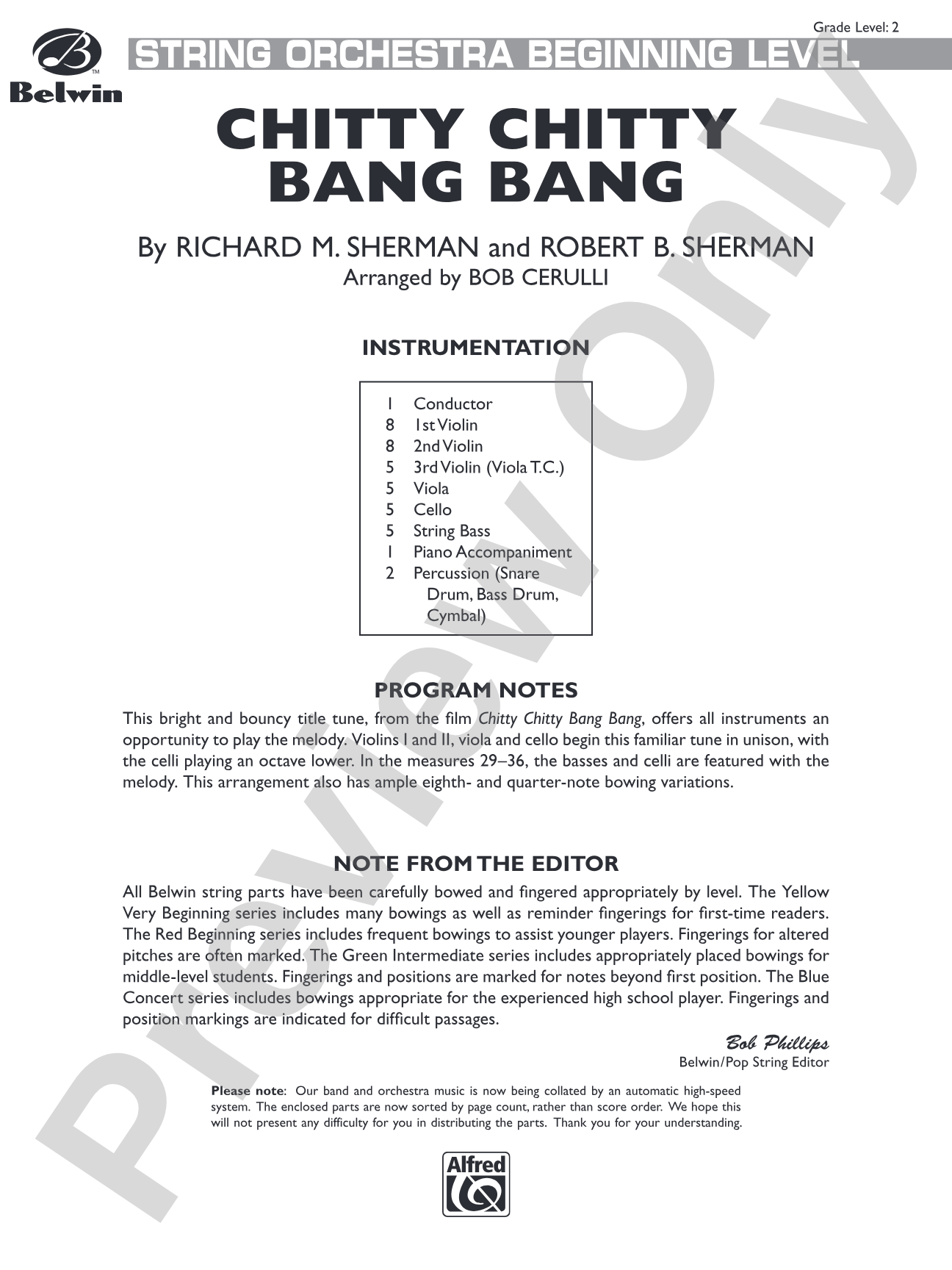 Chitty Chitty Bang Bang: String Orchestra Conductor Score & Parts