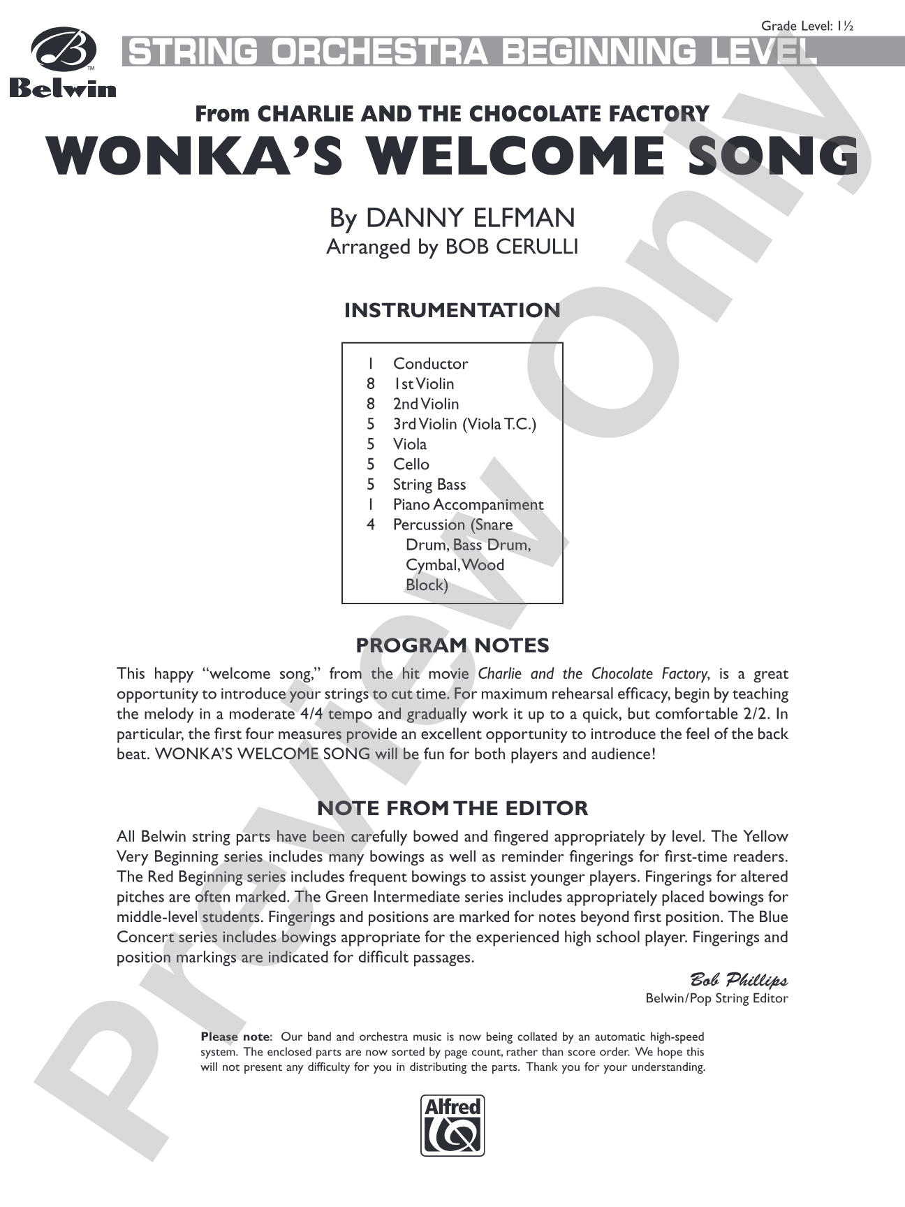 Wonka's Welcome Song (from Charlie and Chocolate Factory): String Orchestra Conductor Score & Parts