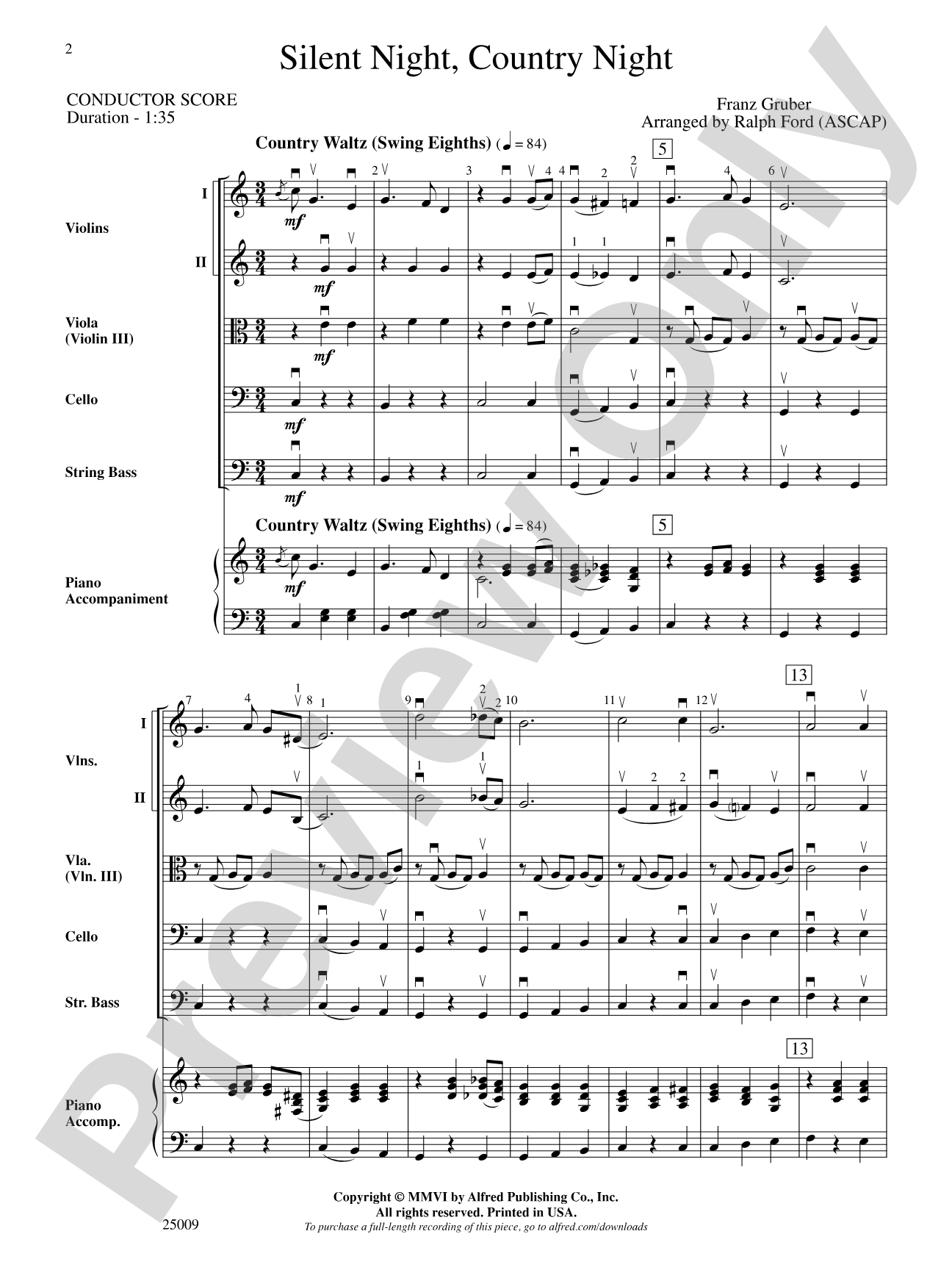 Silent Night, Country Night: String Orchestra Conductor Score & Parts