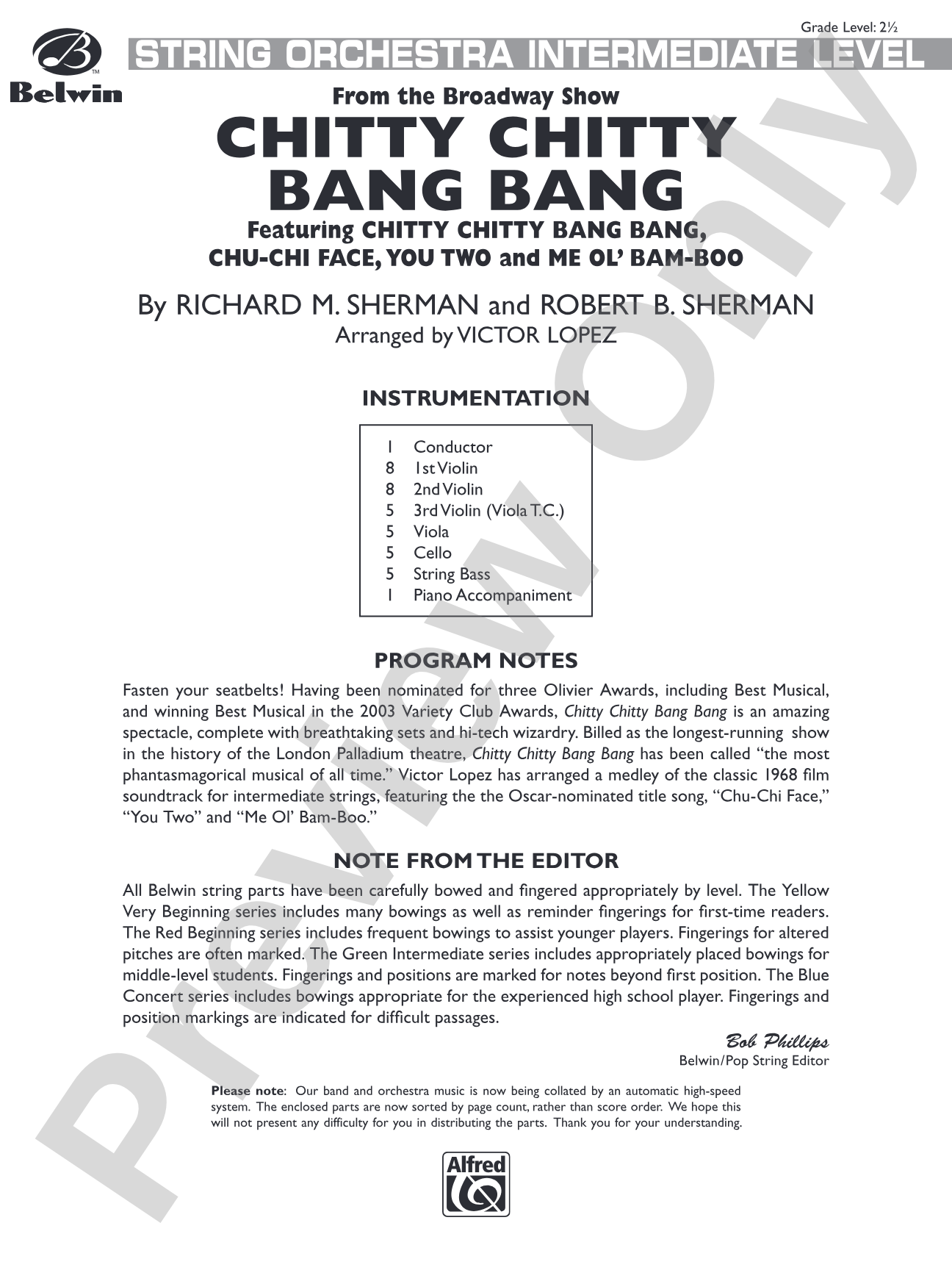 Chitty Chitty Bang Bang: String Orchestra Conductor Score & Parts