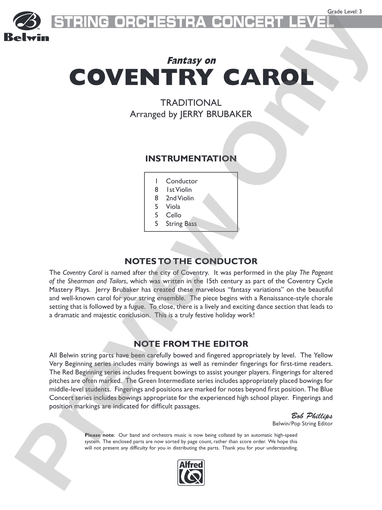 Coventry Carol, Fantasy on: String Orchestra Conductor Score & Parts