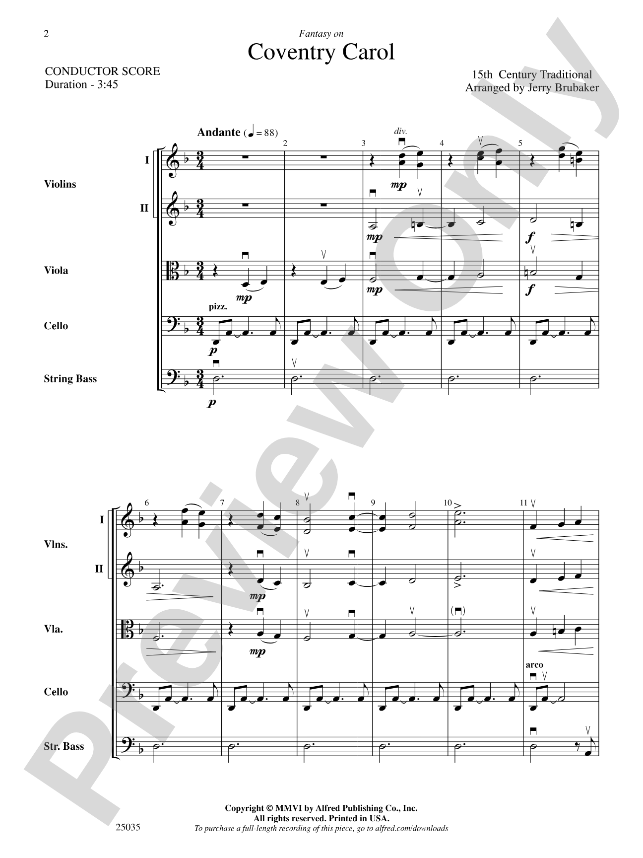 Coventry Carol, Fantasy on: String Orchestra Conductor Score & Parts