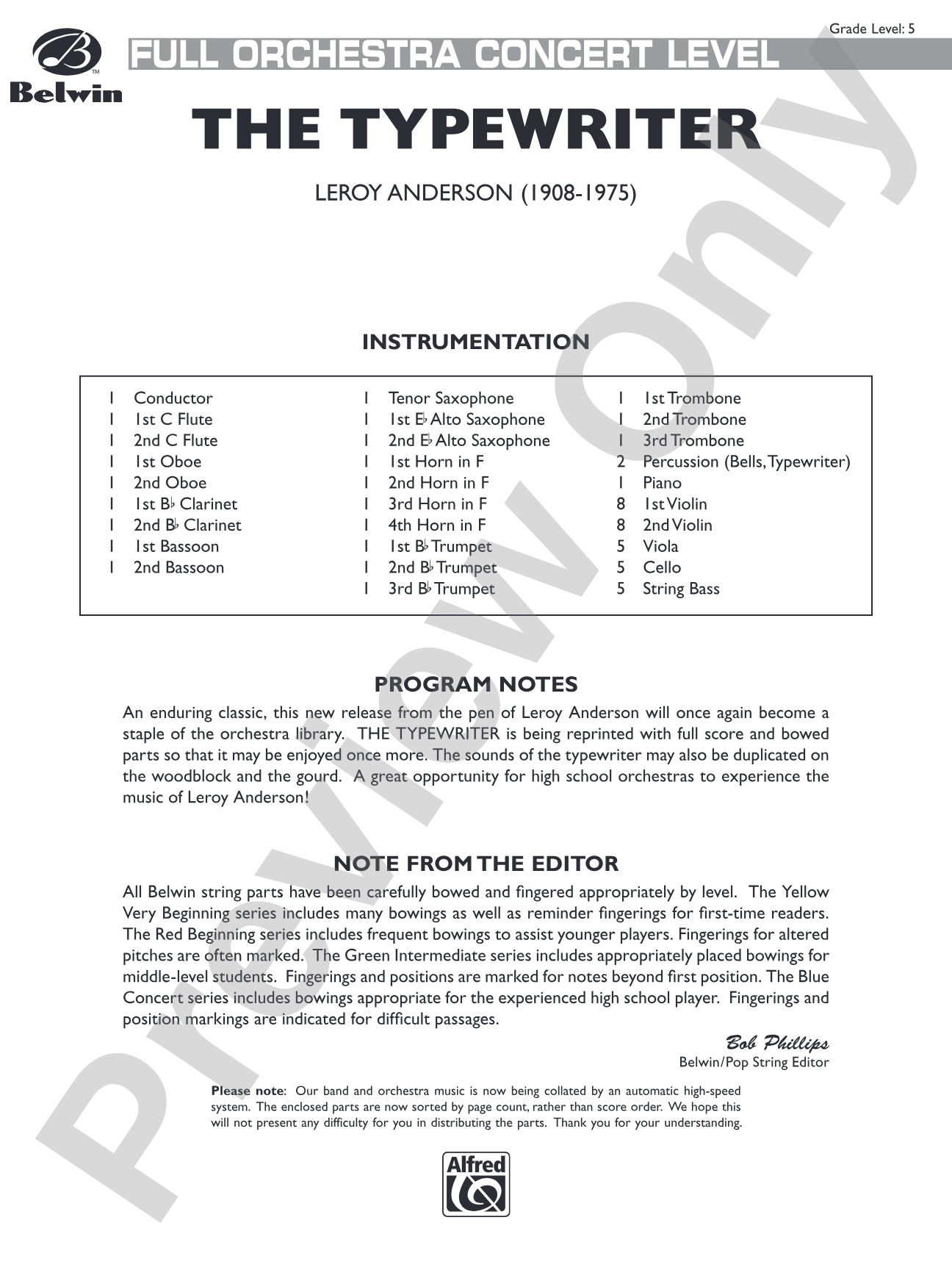 The Typewriter: Full Orchestra Conductor Score & Parts
