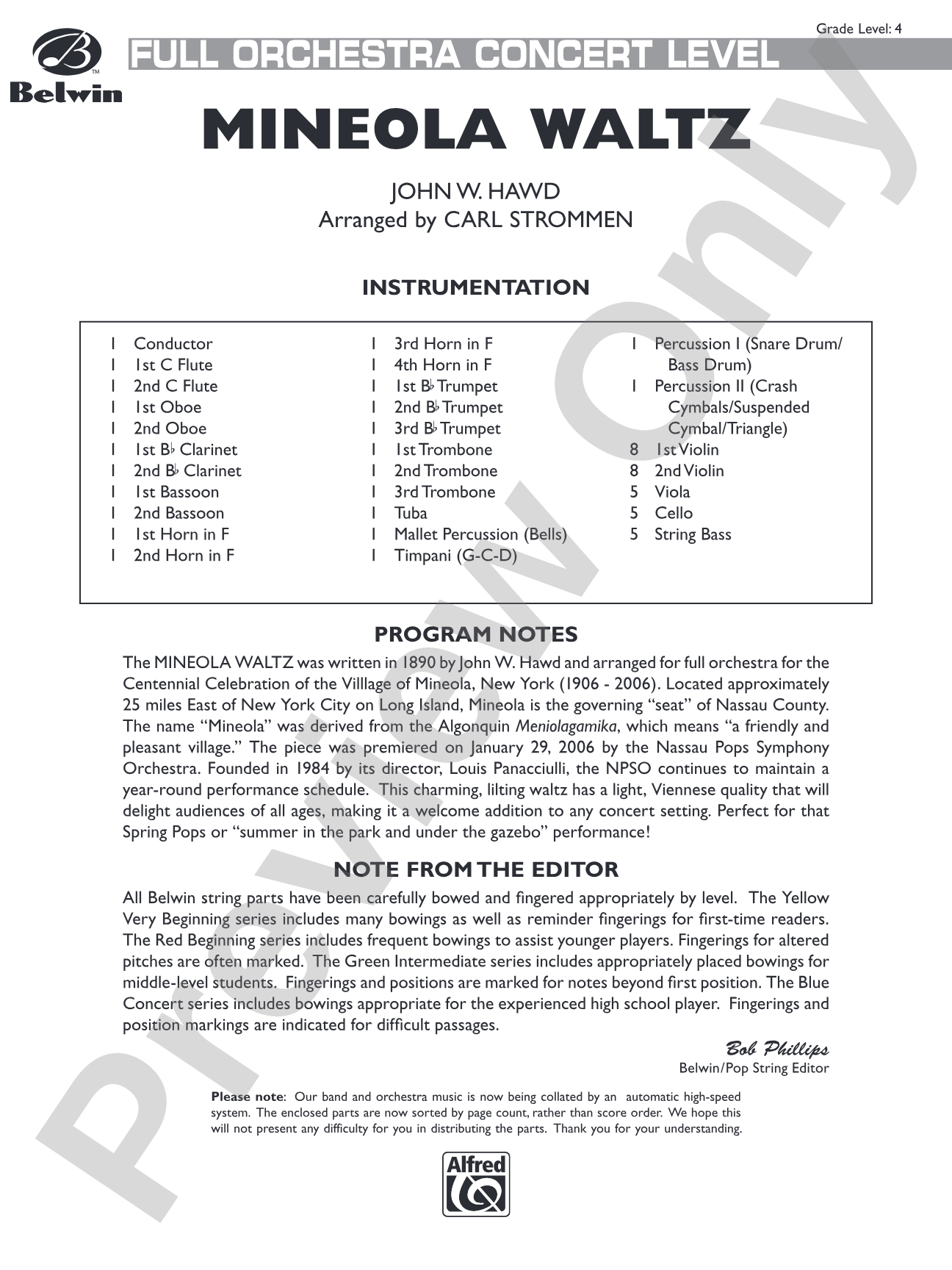 Mineola Waltz: Full Orchestra Conductor Score & Parts