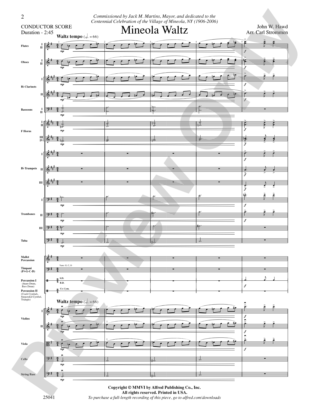 Mineola Waltz: Full Orchestra Conductor Score & Parts