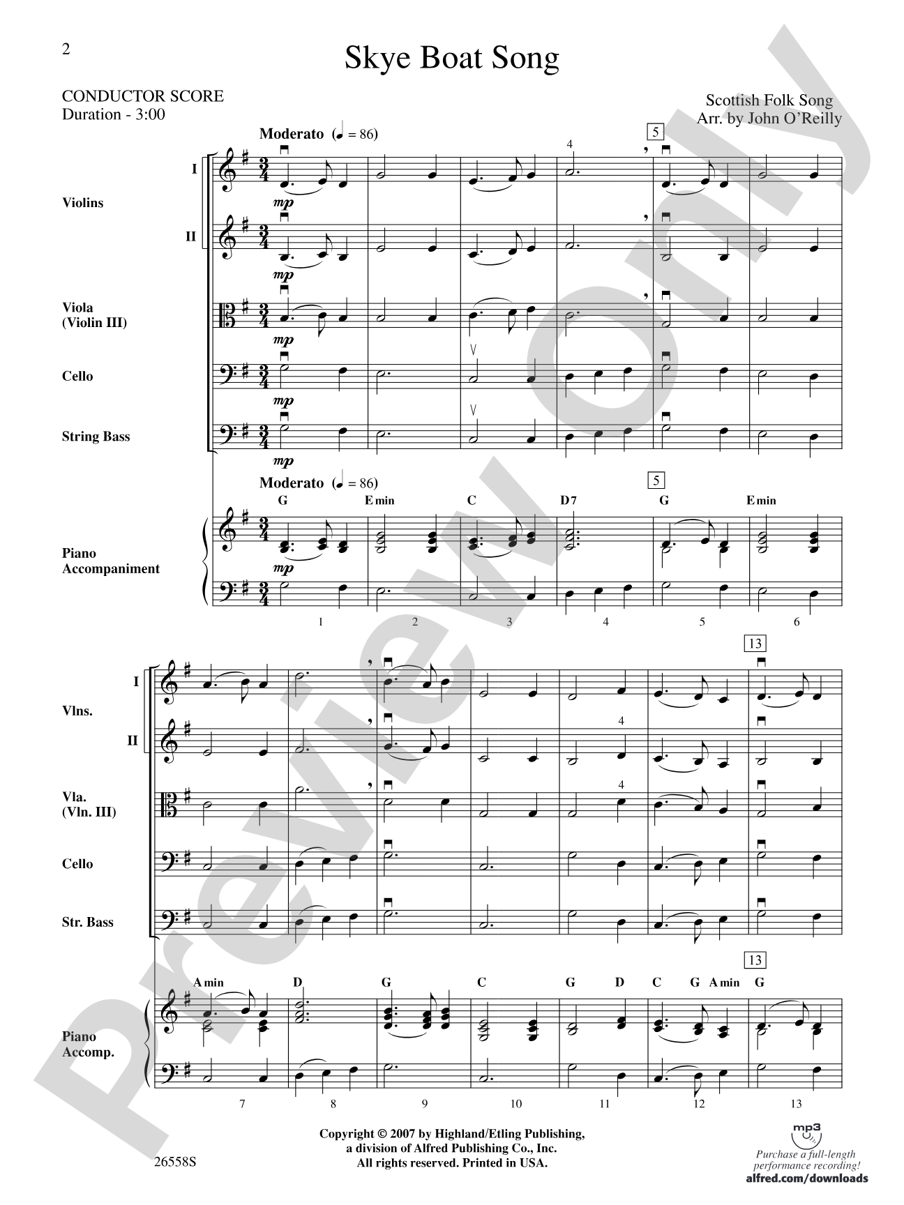 Skye Boat Song: String Orchestra Conductor Score & Parts