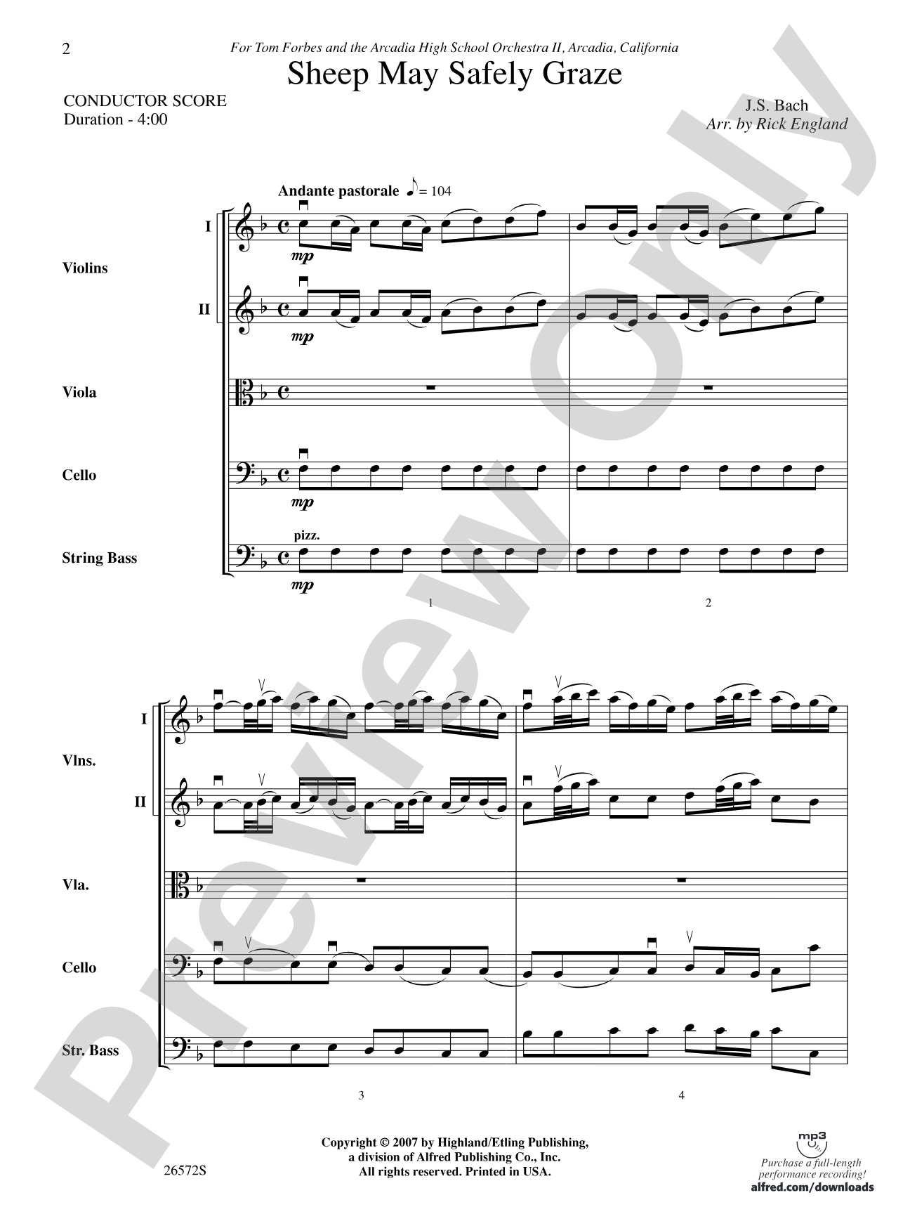 Sheep May Safely Graze: String Orchestra Conductor Score & Parts