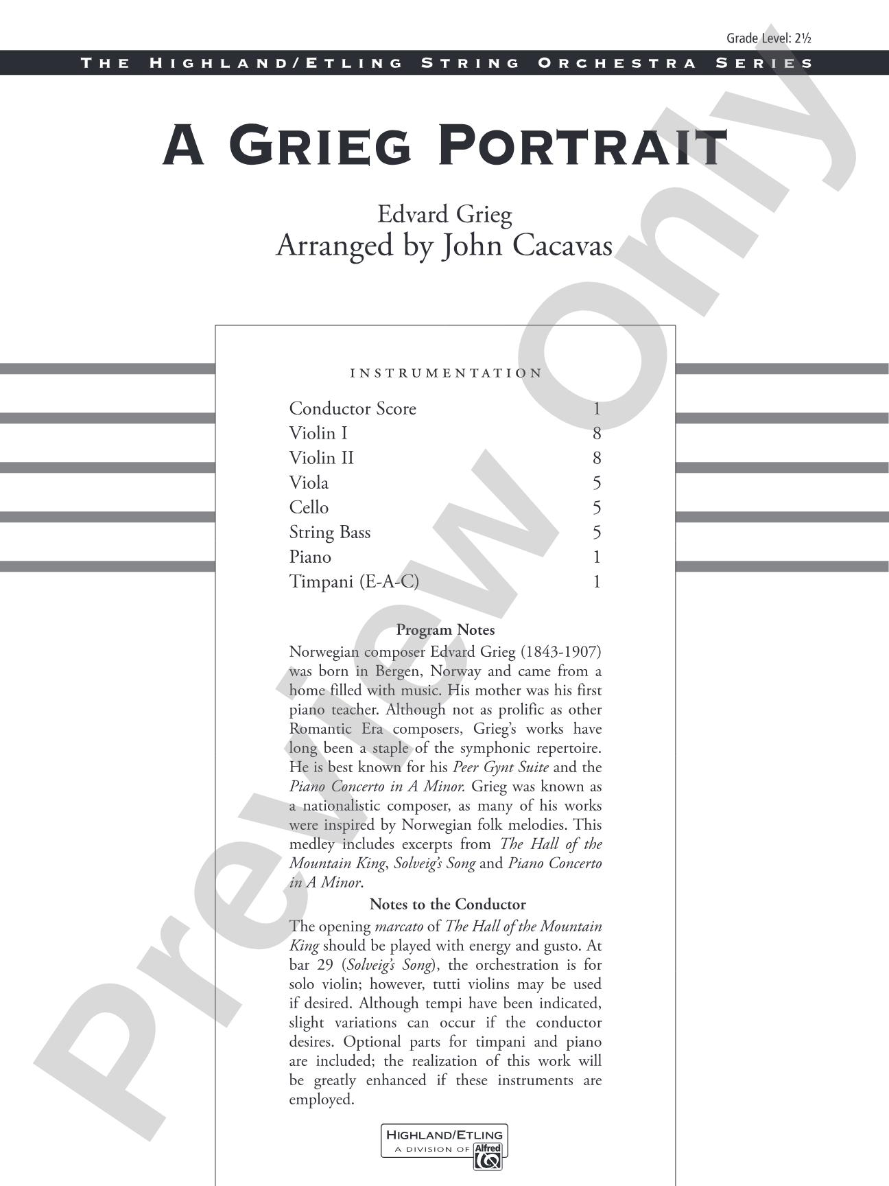 A Grieg Portrait: String Orchestra Conductor Score & Parts