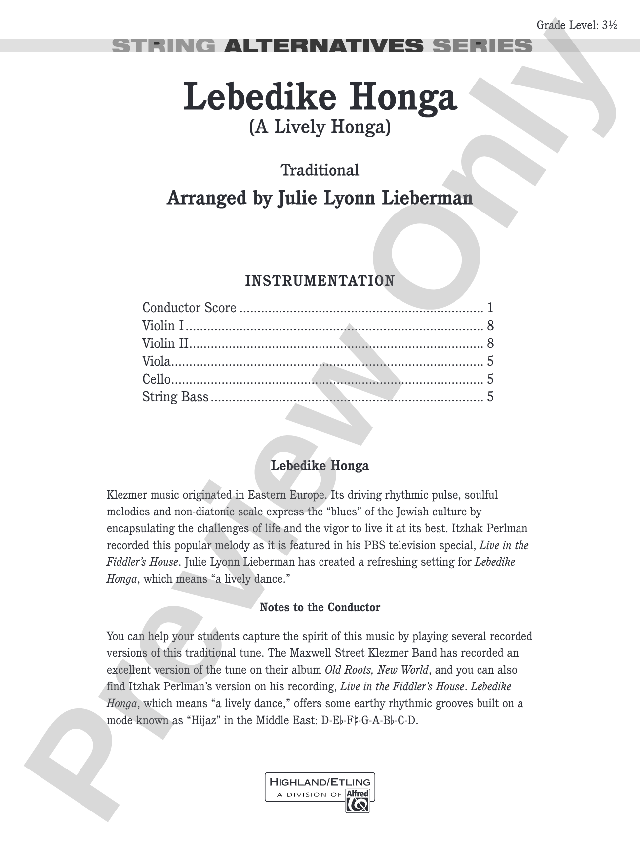 Lebedike Honga (A Lively Honga): String Orchestra Conductor Score & Parts