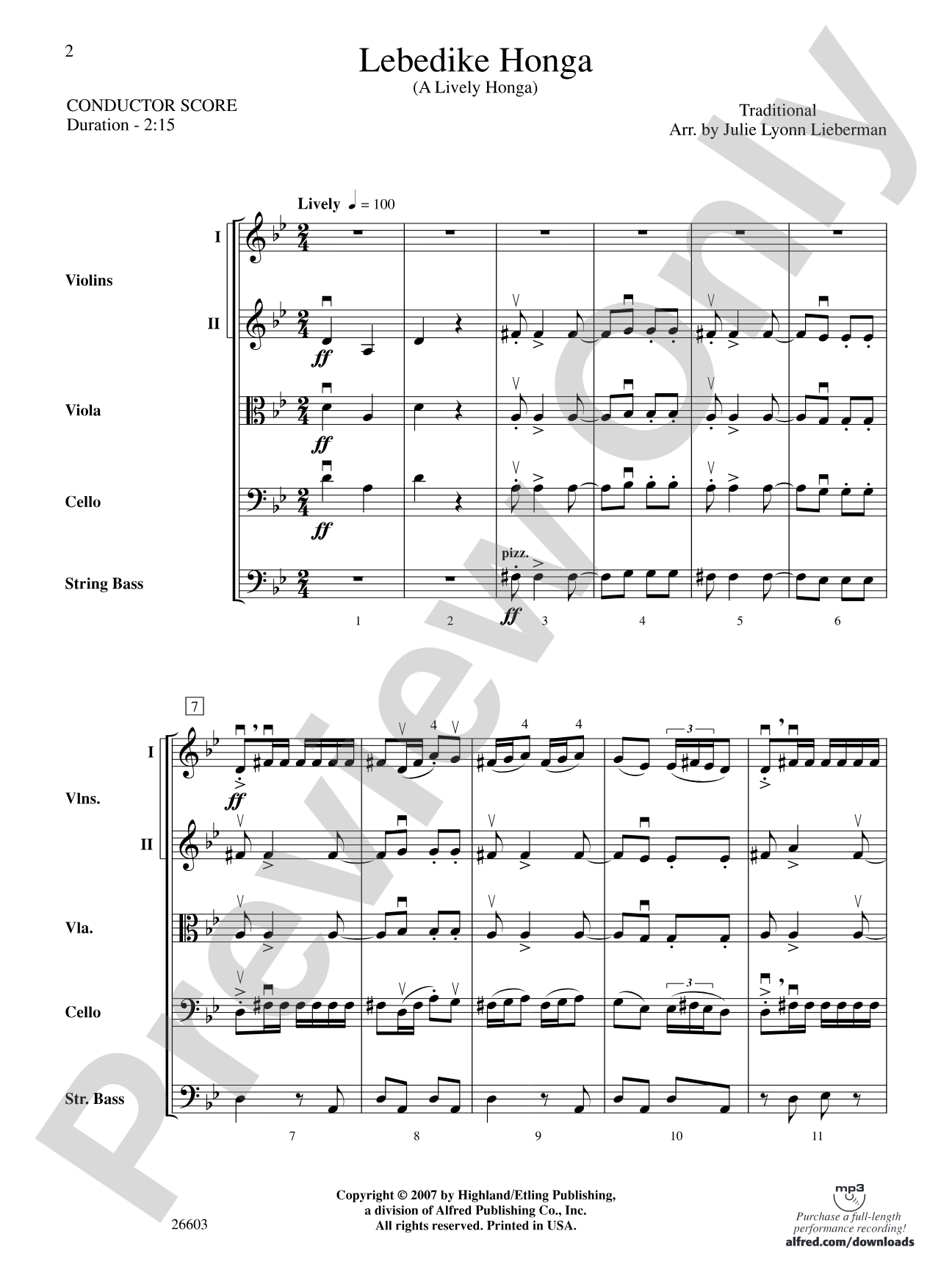 Lebedike Honga (A Lively Honga): String Orchestra Conductor Score & Parts