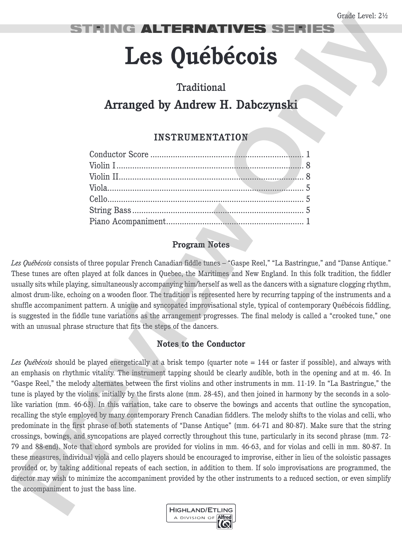 Les Québécois: String Orchestra Conductor Score & Parts