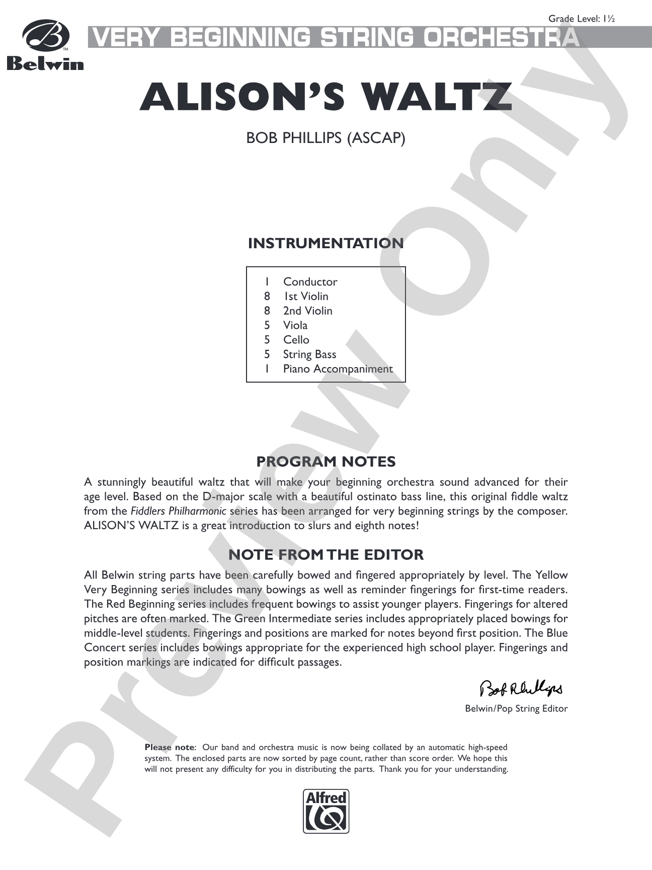 Alison's Waltz: String Orchestra Conductor Score & Parts