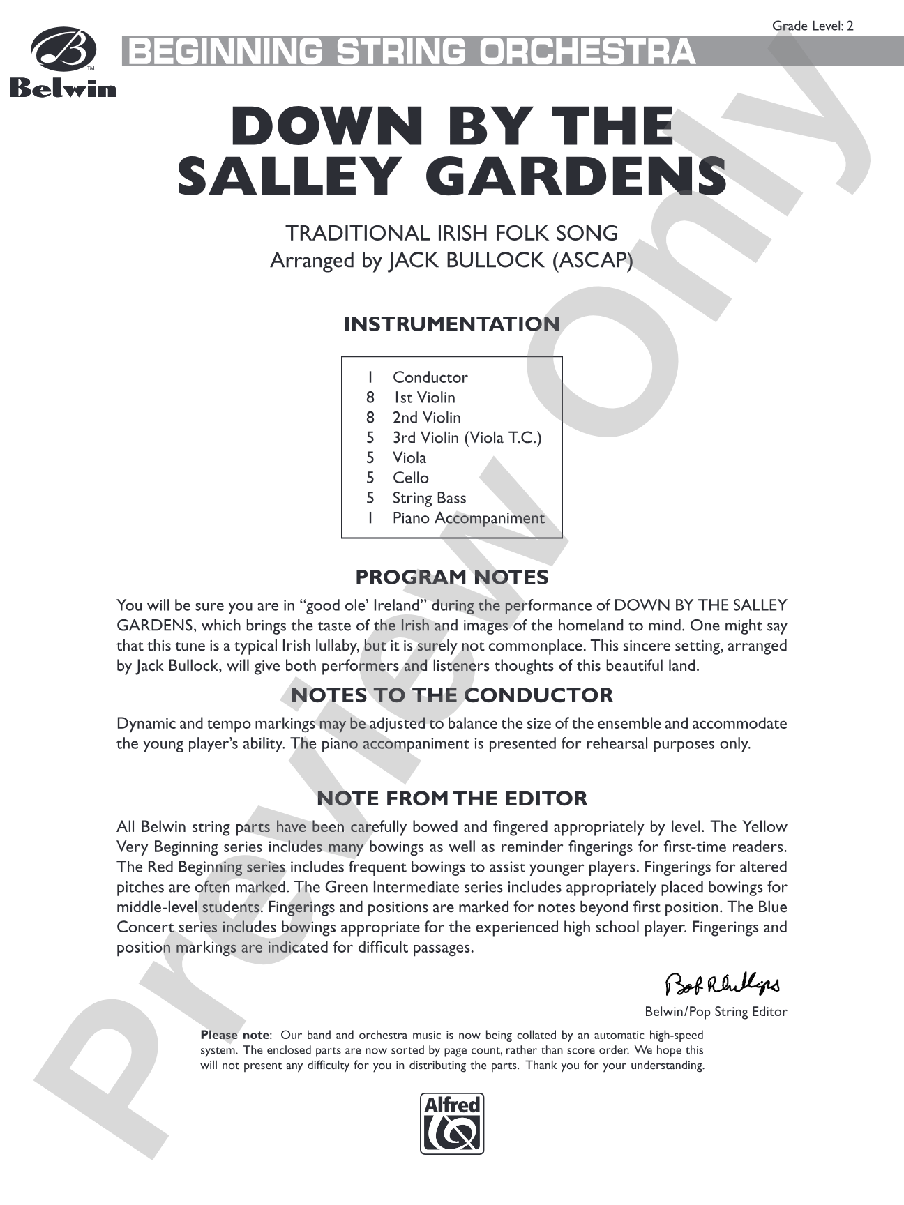 Down by the Salley Gardens: String Orchestra Conductor Score & Parts