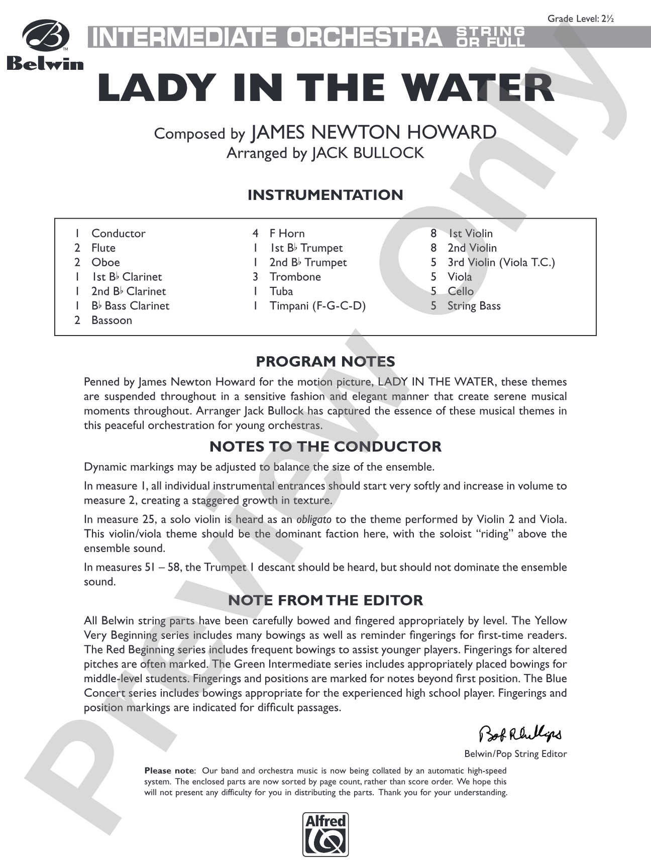 Lady in the Water: Full Orchestra Conductor Score & Parts