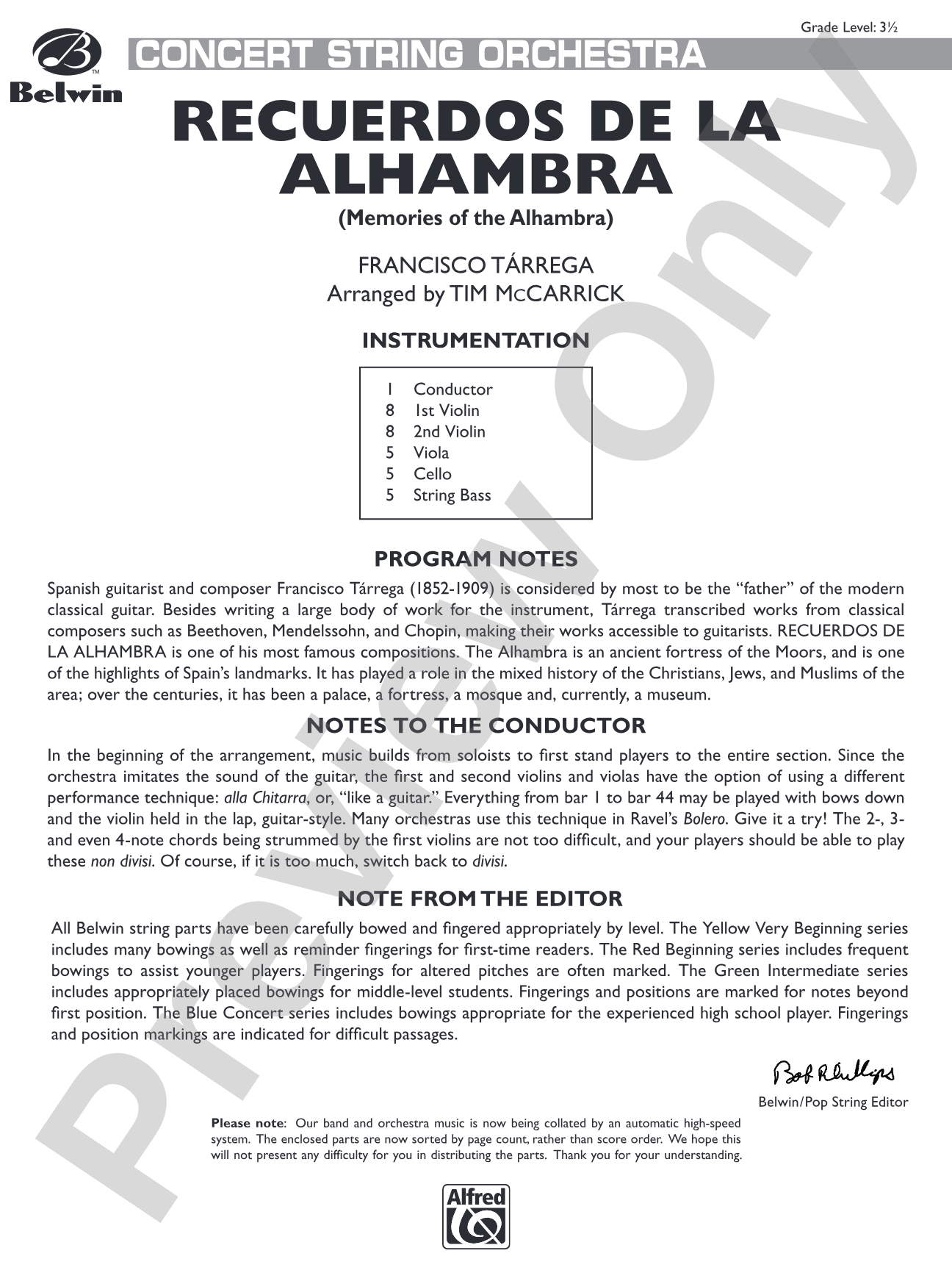 Recuerdos de la Alhambra: String Orchestra Conductor Score & Parts