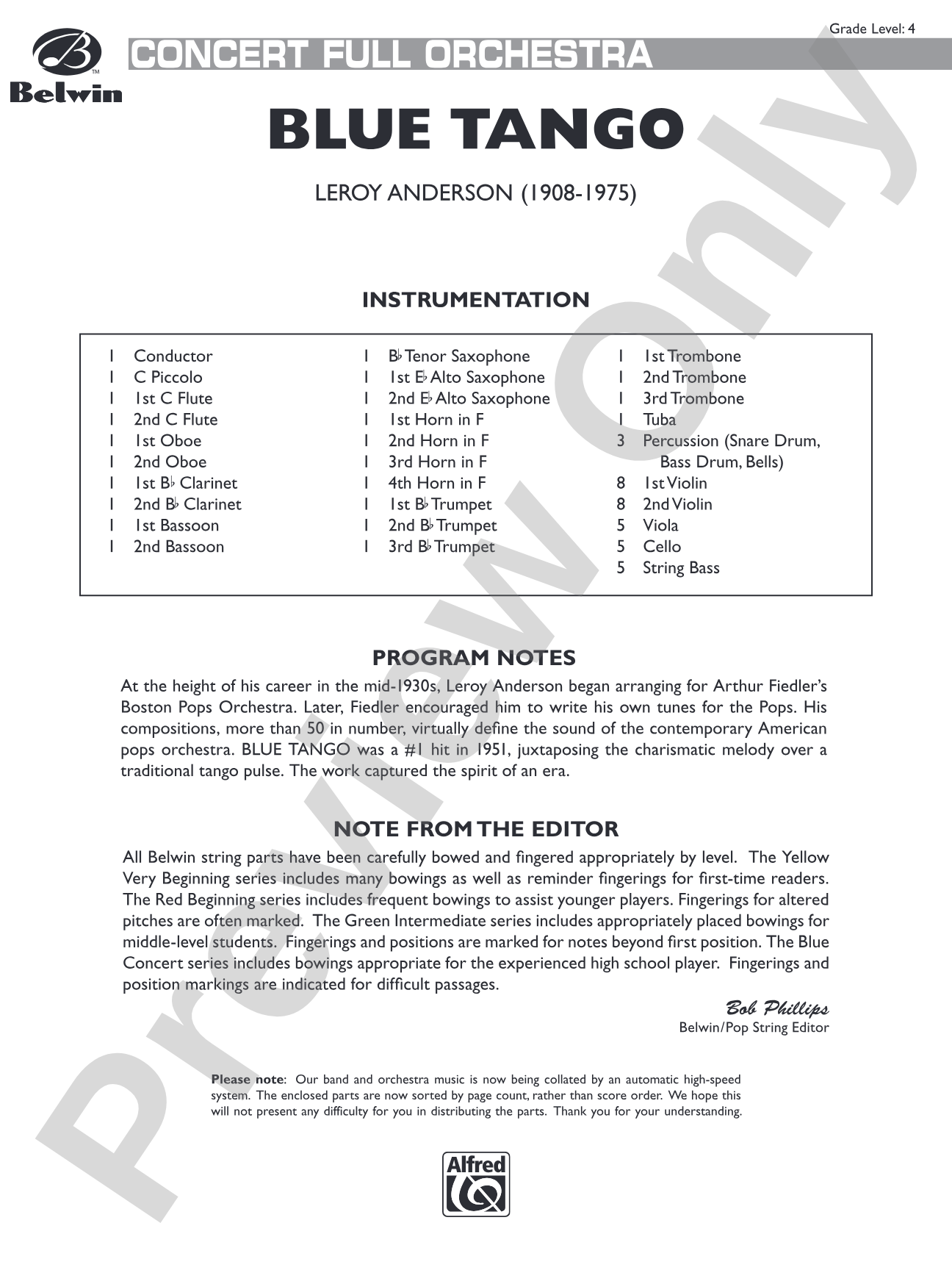 Blue Tango: Full Orchestra Conductor Score & Parts
