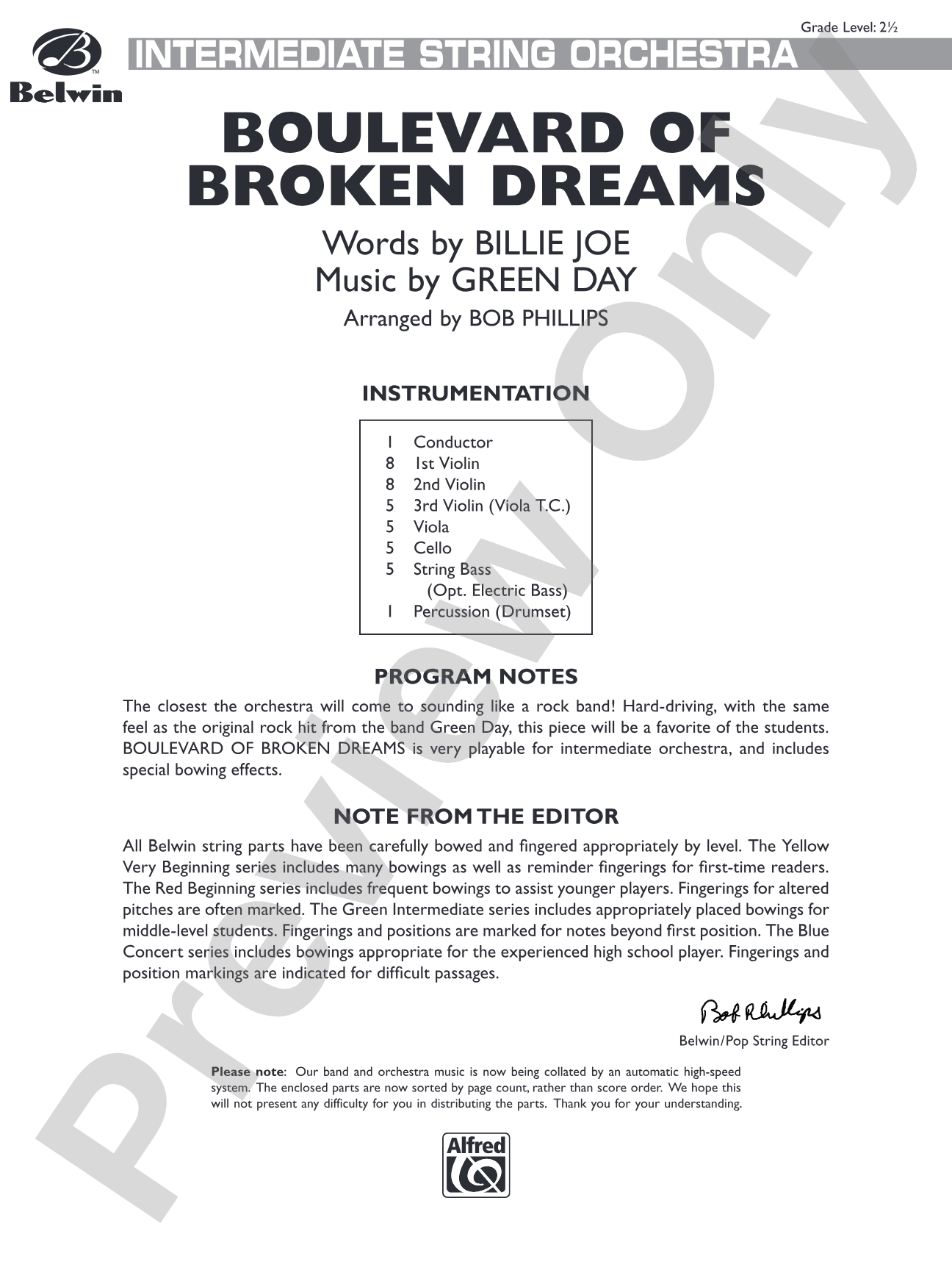 Boulevard of Broken Dreams: String Orchestra Conductor Score & Parts