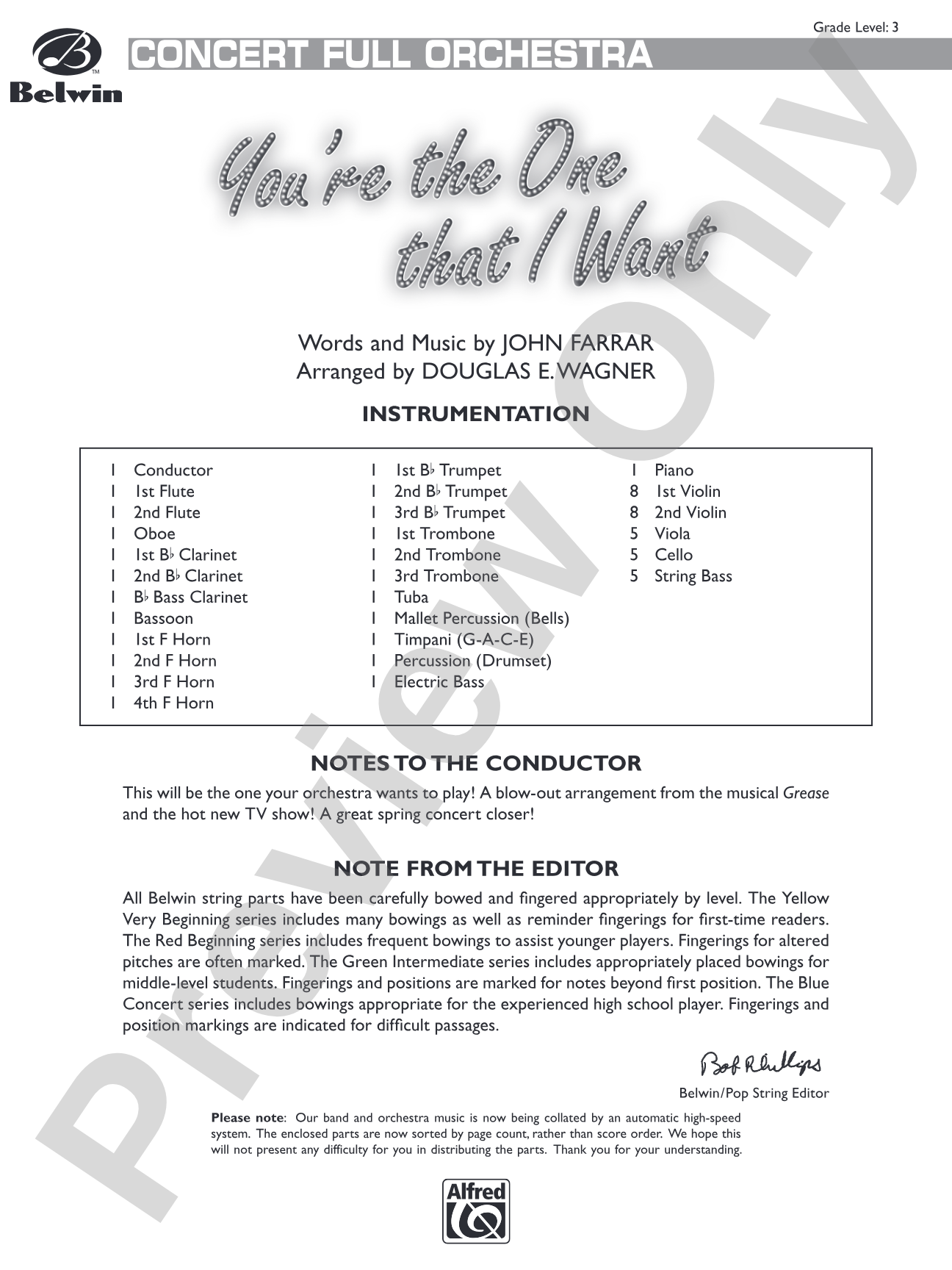 You're the One That I Want (from Grease): Full Orchestra Conductor Score & Parts