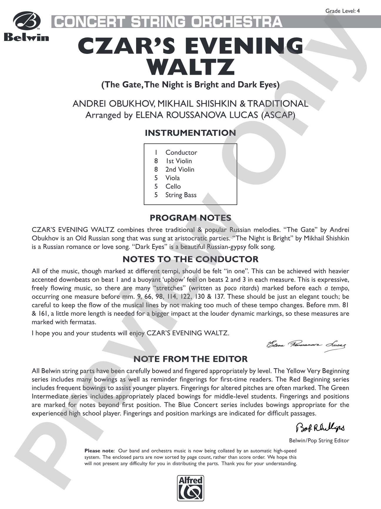 Czar's Evening Waltz: String Orchestra Conductor Score & Parts