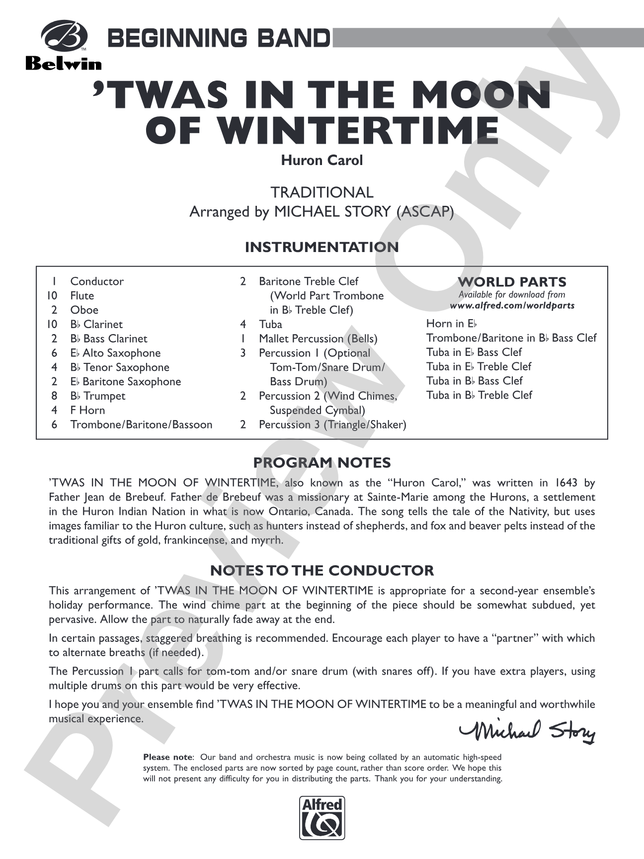 'Twas in the Moon of Wintertime: Concert Band Conductor Score & Parts