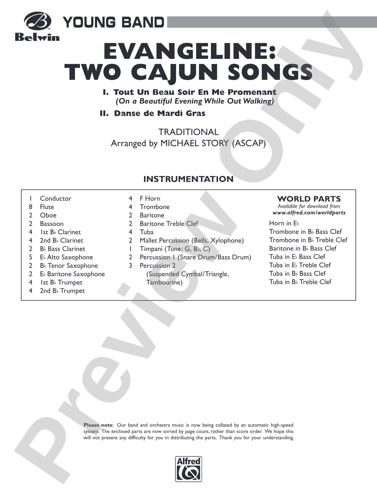 Evangeline: Two Cajun Songs: Concert Band Conductor Score & Parts