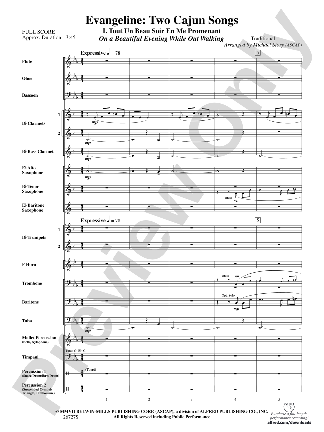 Evangeline: Two Cajun Songs: Concert Band Conductor Score & Parts