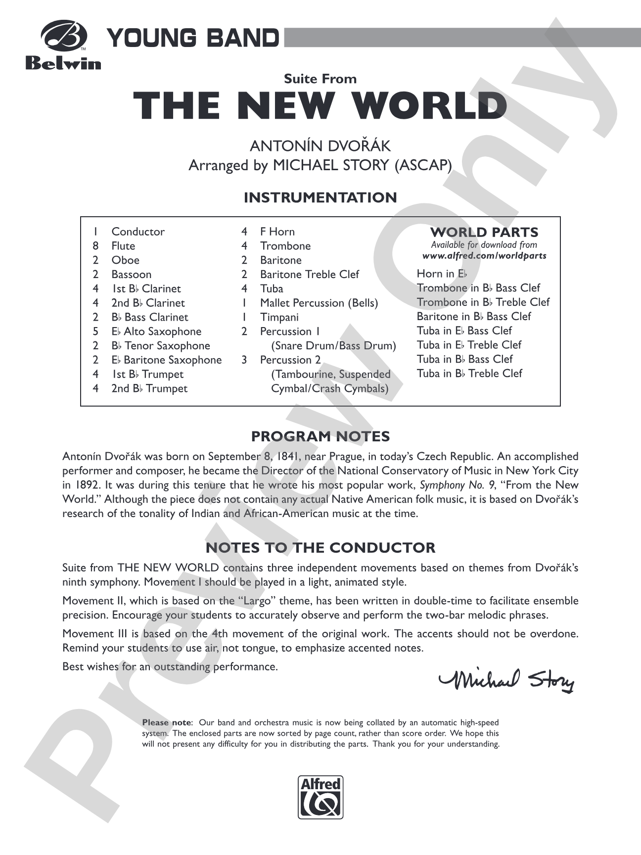 Suite from The New World: Concert Band Conductor Score & Parts