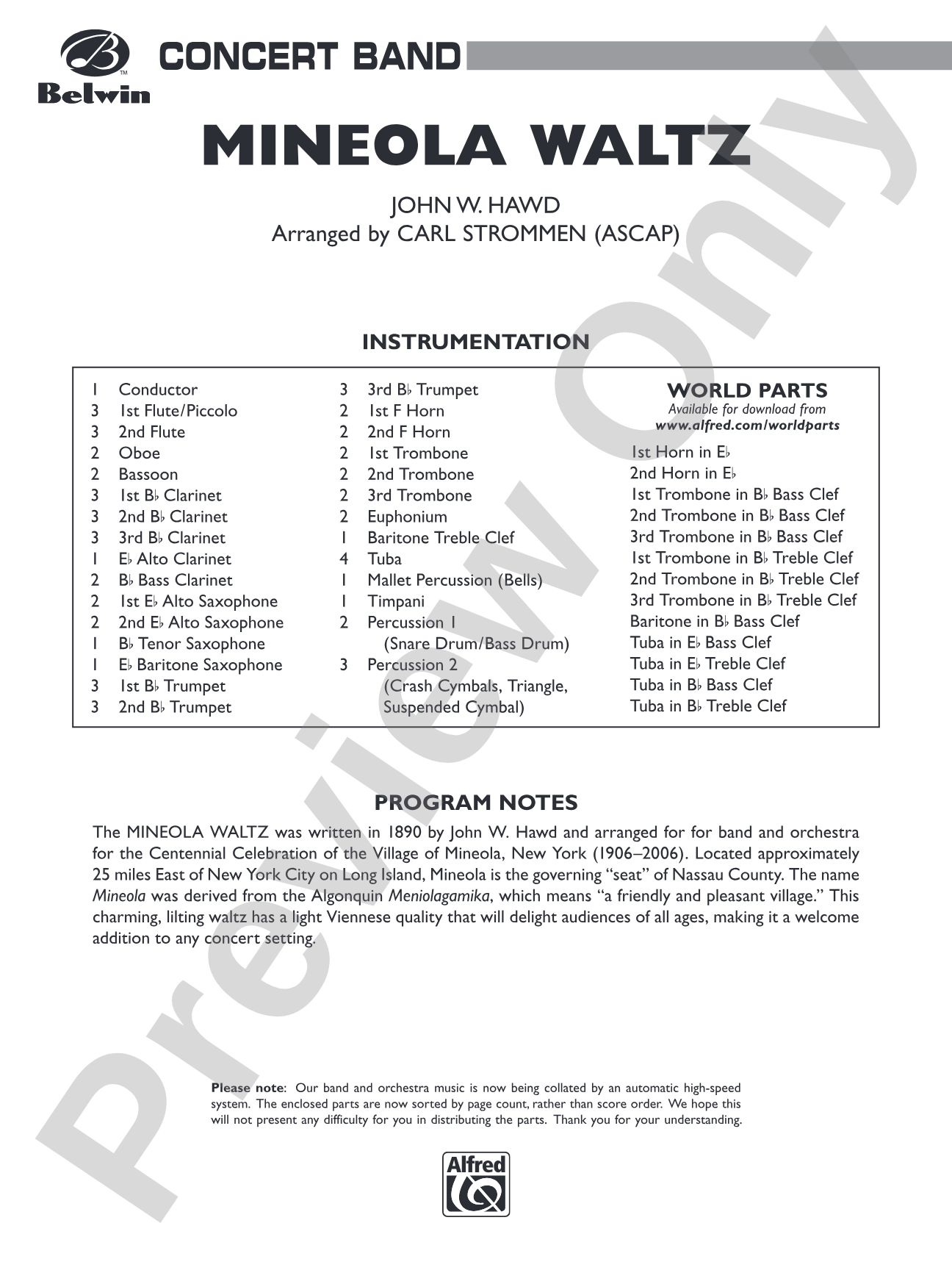 Mineola Waltz: Concert Band Conductor Score & Parts