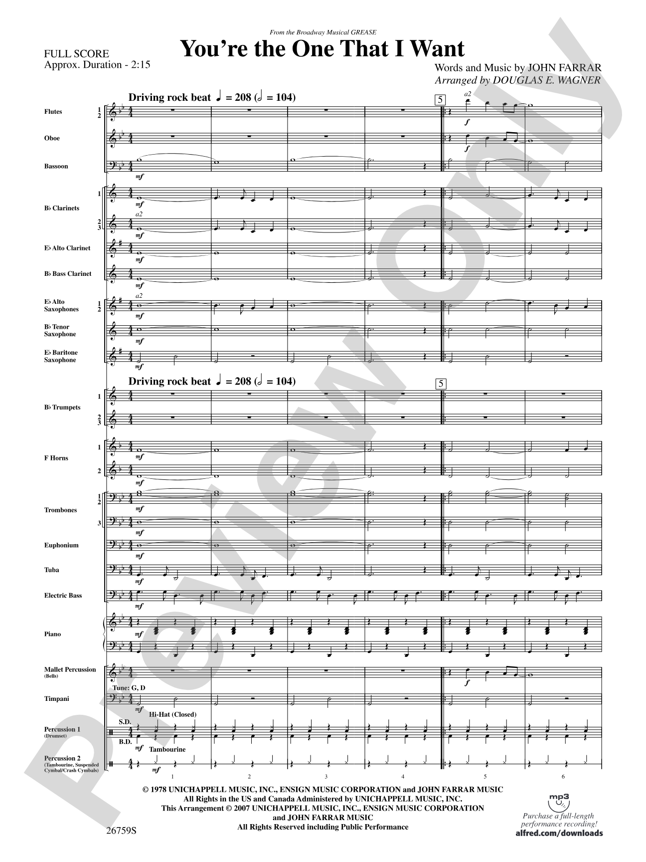You're the One That I Want: Concert Band Conductor Score & Parts