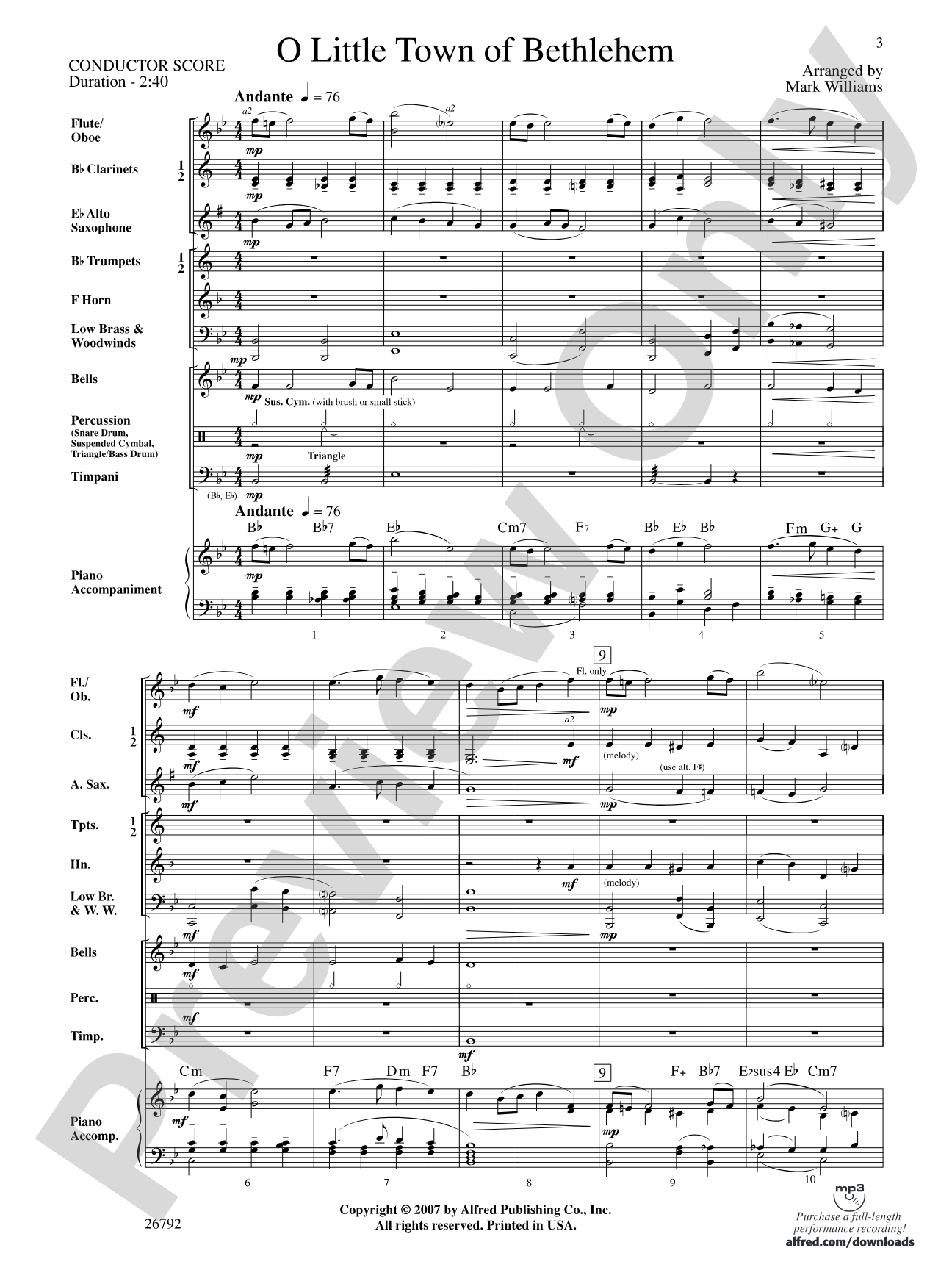 O Little Town of Bethlehem: Concert Band Conductor Score & Parts