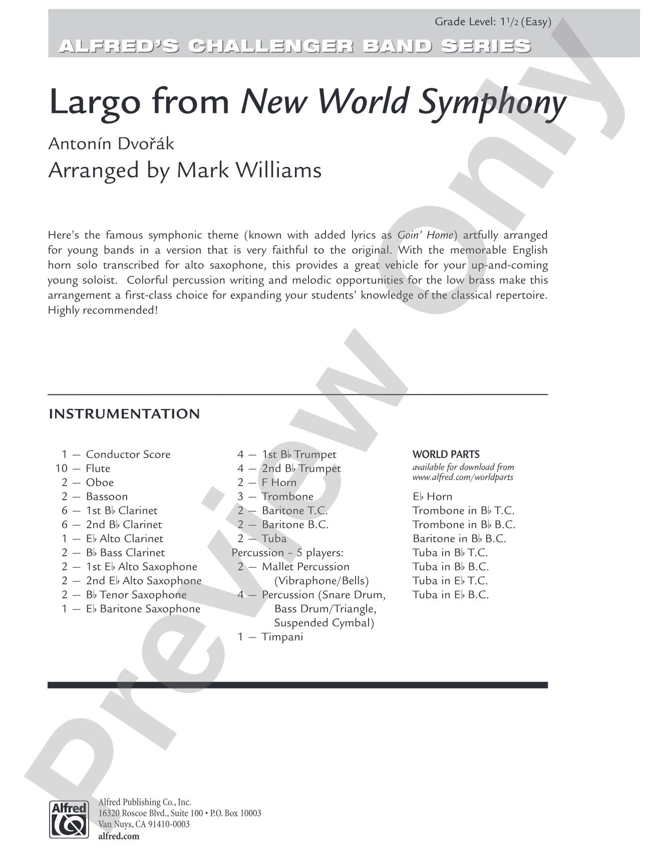 Largo from New World Symphony: Concert Band Conductor Score & Parts