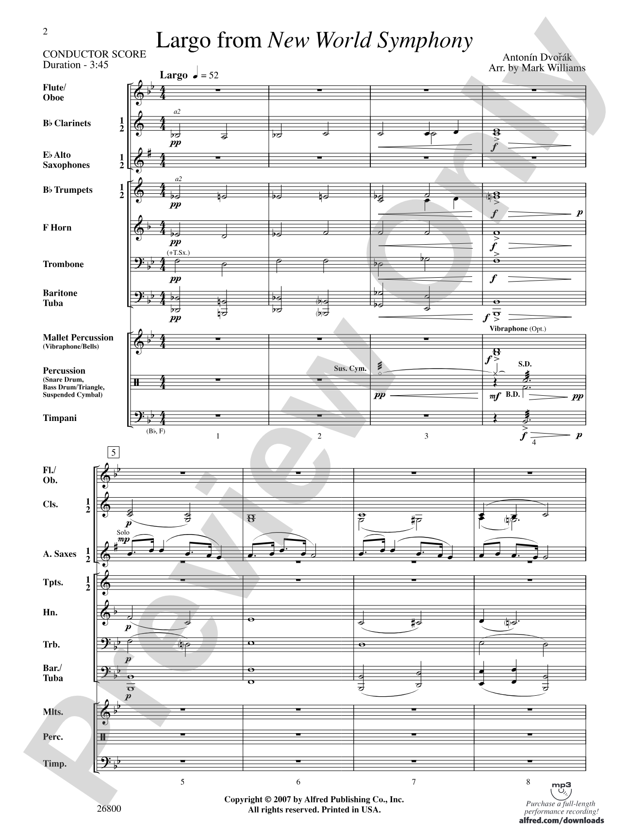 Largo from New World Symphony: Concert Band Conductor Score & Parts