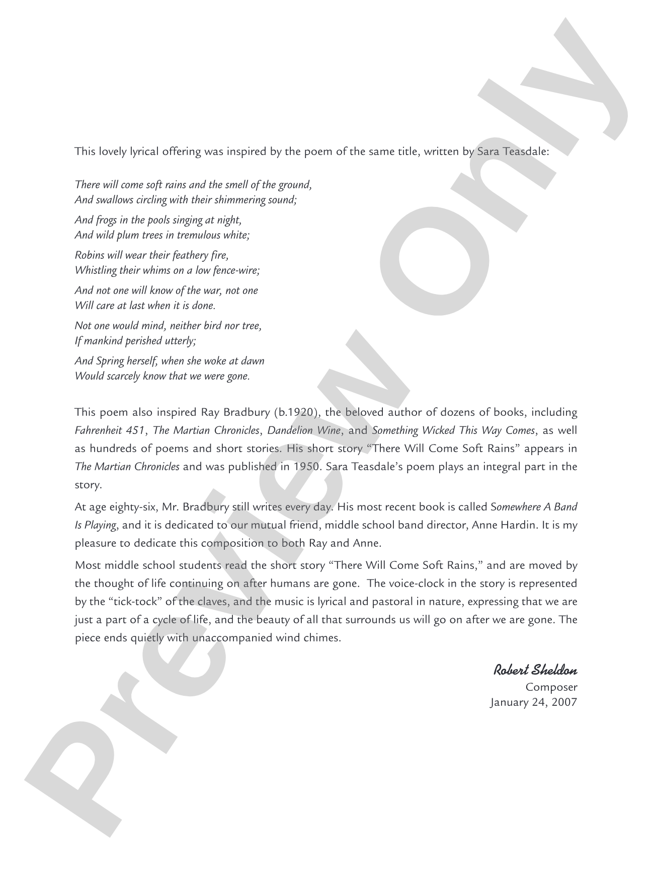 There Will Come Soft Rains: Concert Band Conductor Score & Parts