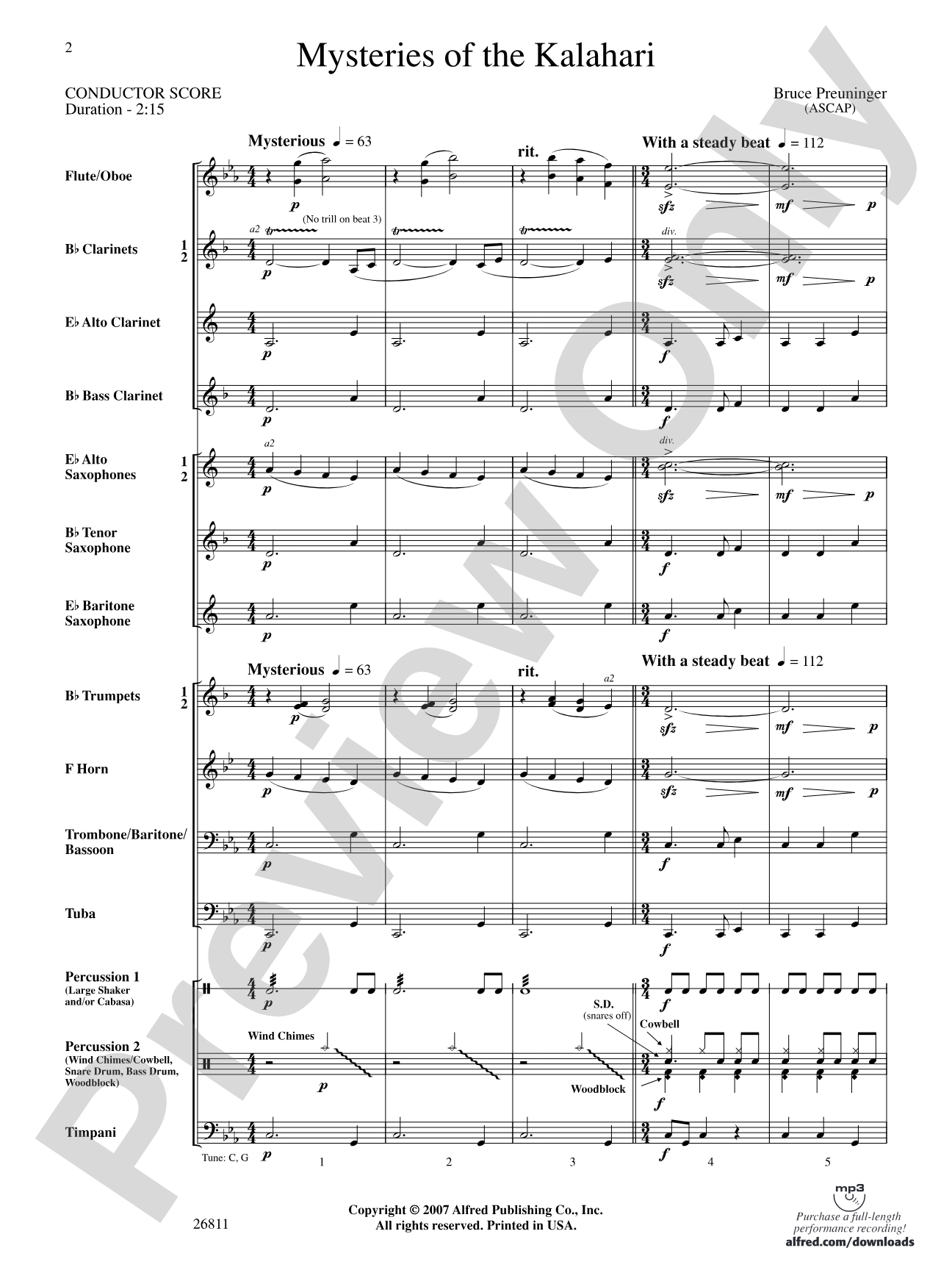 Mysteries of the Kalahari: Concert Band Conductor Score & Parts
