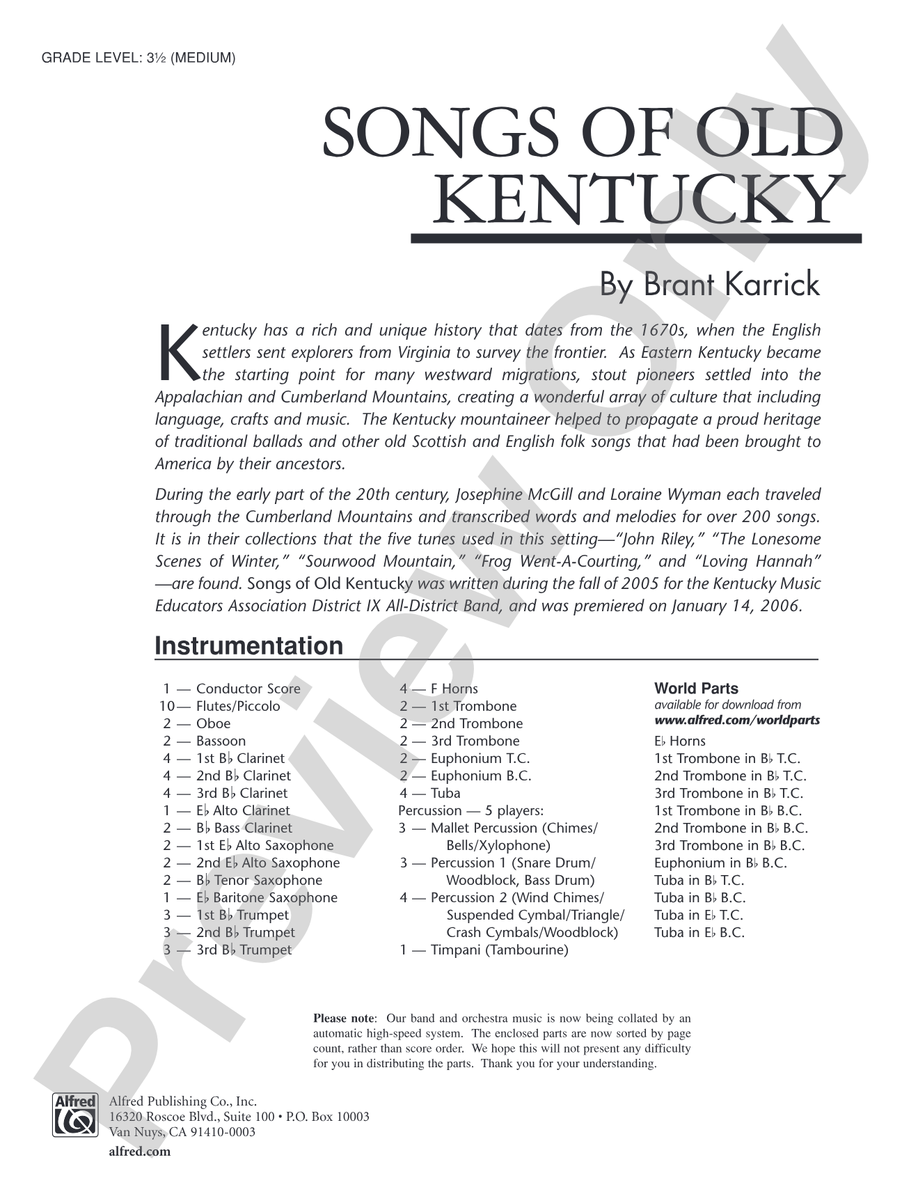 Songs of Old Kentucky: Concert Band Conductor Score & Parts