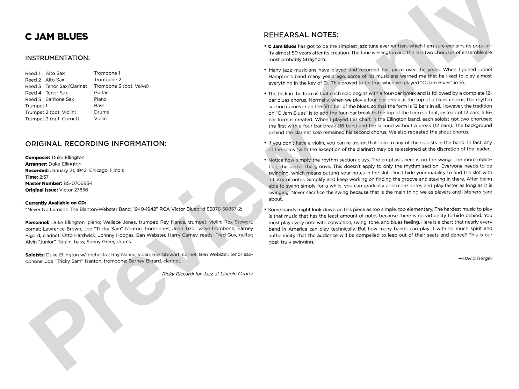 C Jam Blues: Jazz Ensemble Conductor Score & Parts