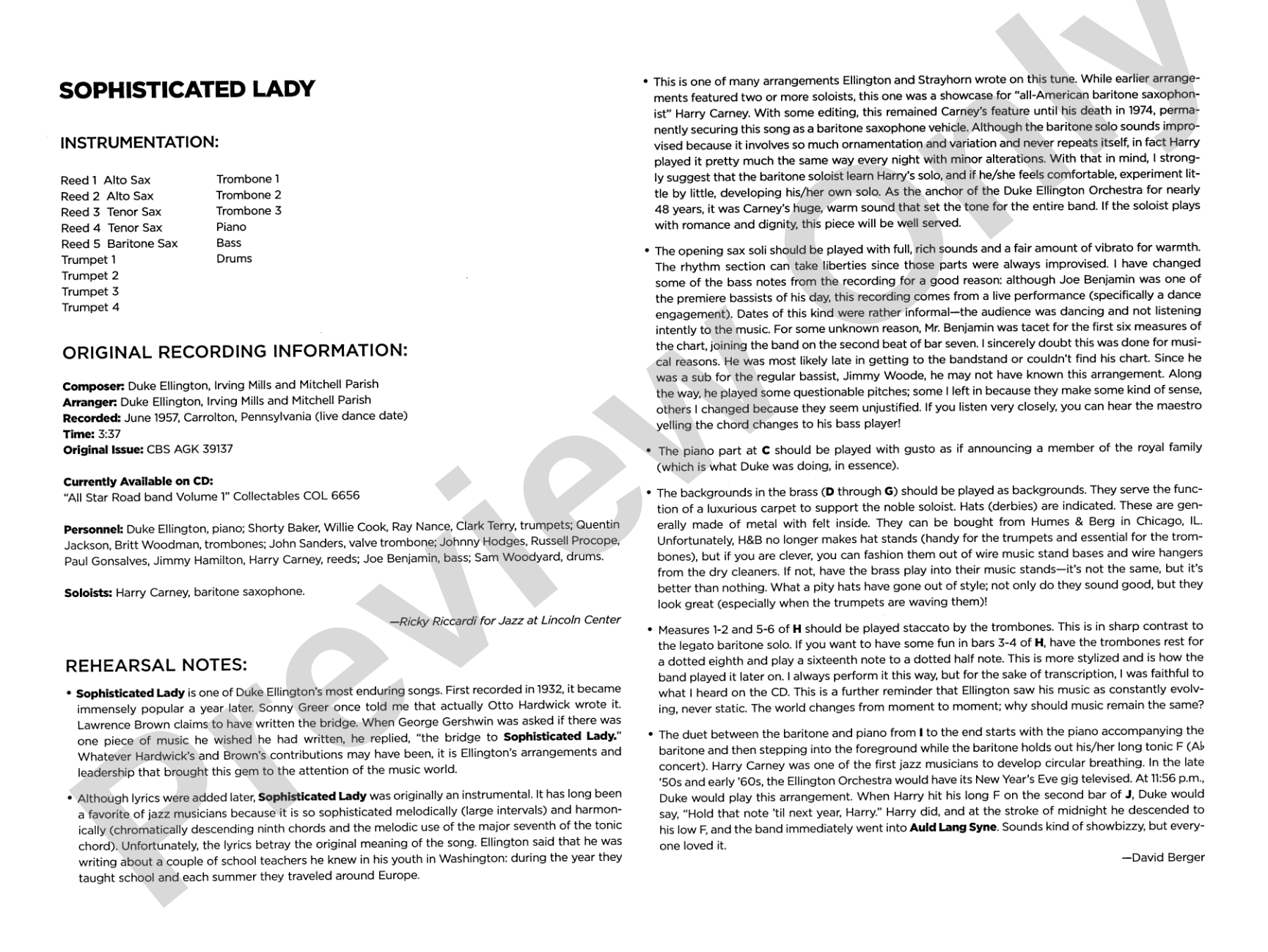 Sophisticated Lady: Jazz Ensemble Conductor Score & Parts