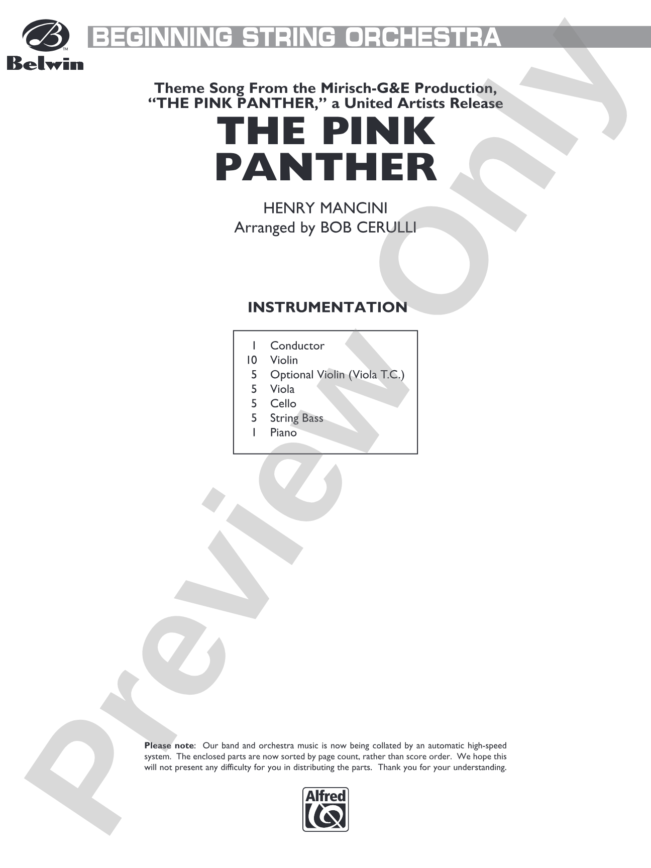 The Pink Panther: String Orchestra Conductor Score & Parts