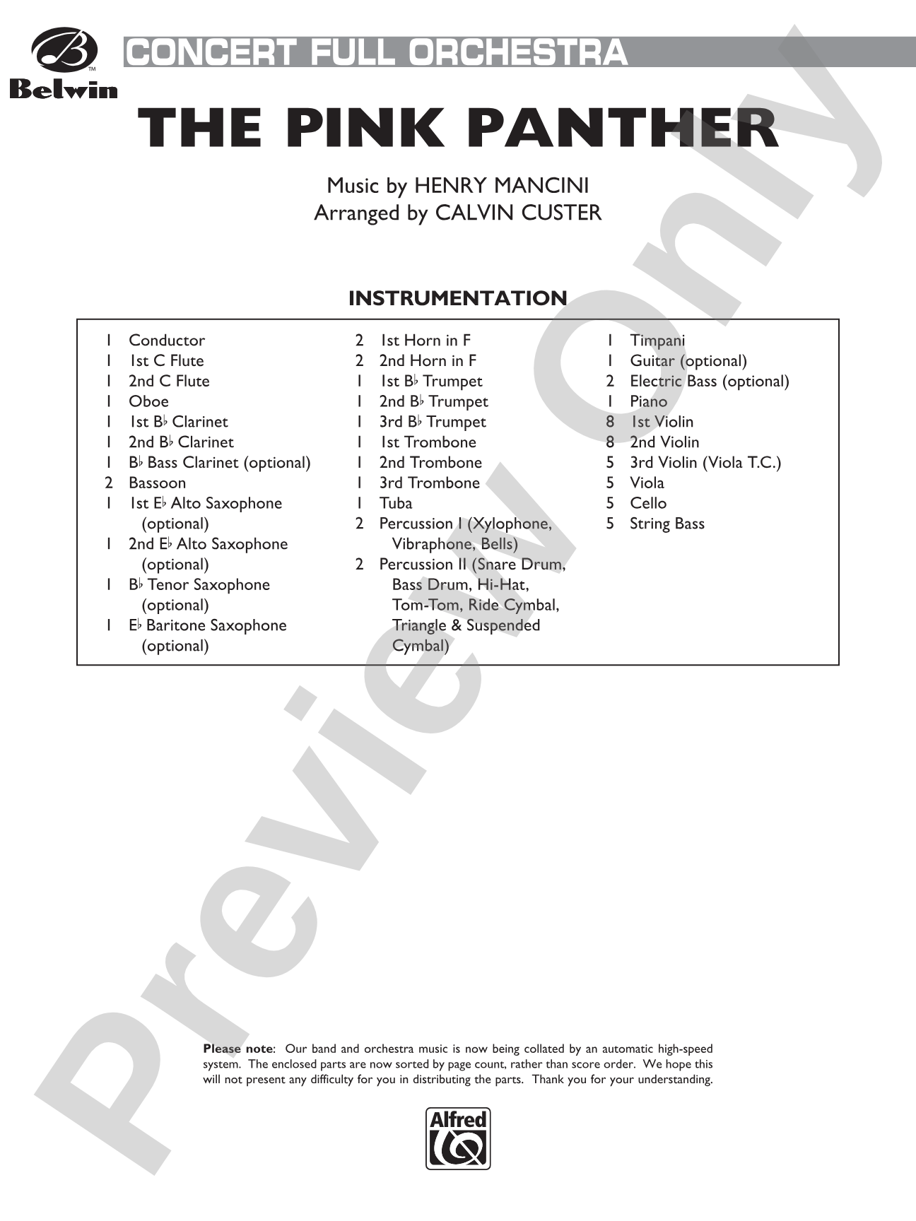 The Pink Panther: Full Orchestra Conductor Score & Parts