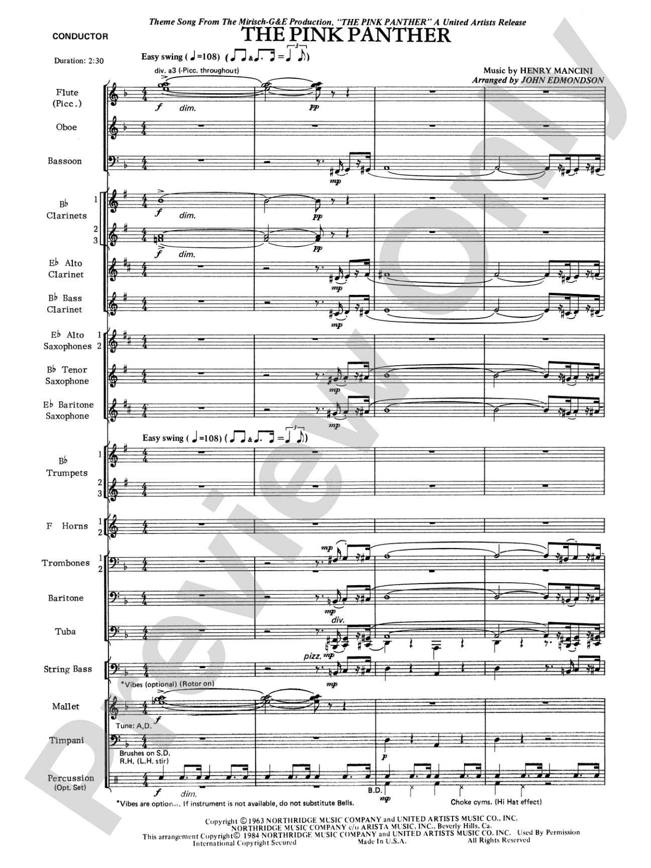 The Pink Panther: Concert Band Conductor Score & Parts