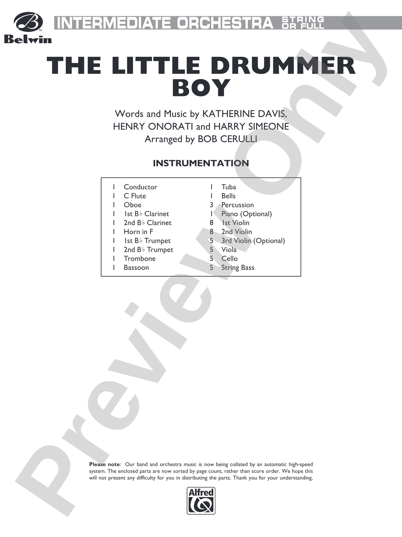 The Little Drummer Boy: Full Orchestra Conductor Score & Parts