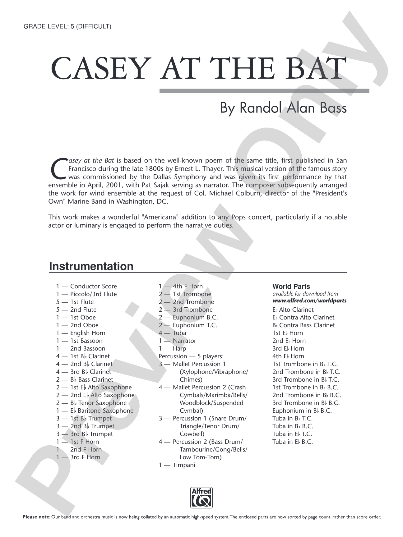 Casey at the Bat: Concert Band Conductor Score & Parts