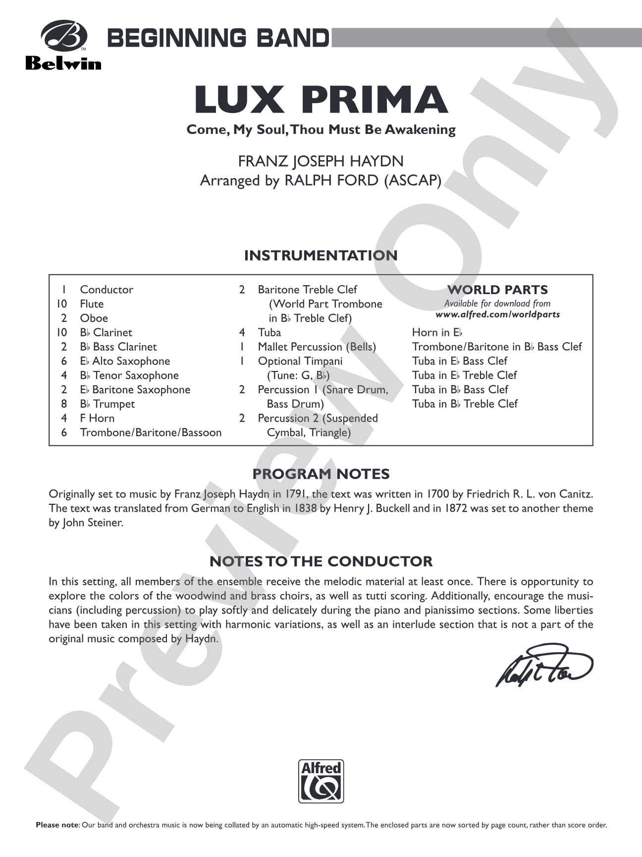 Lux Prima (Come, My Soul, Thou Must Be Awakening): Concert Band Conductor Score & Parts