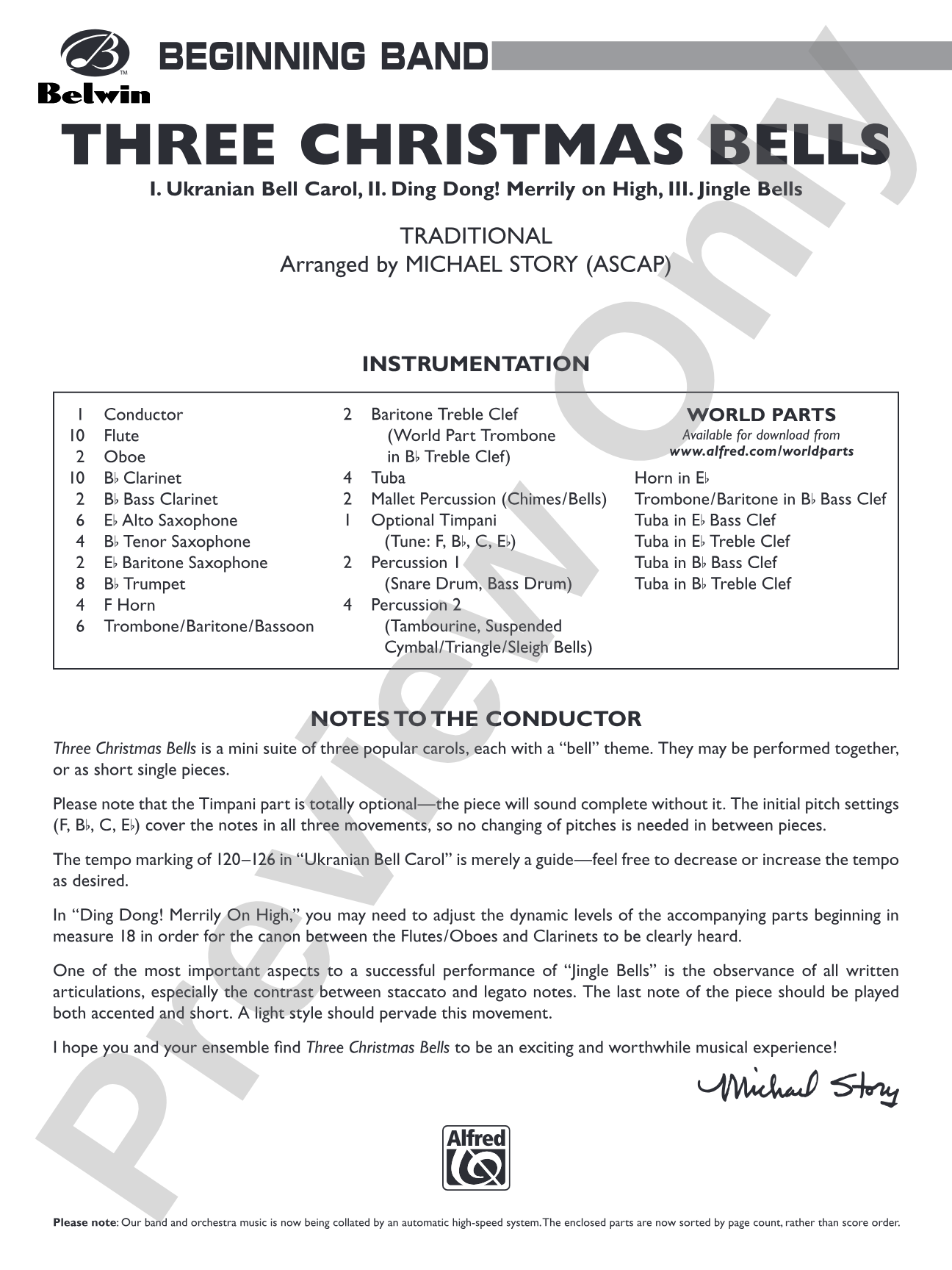Three Christmas Bells (I. Ukranian Bell Carol, II. Ding Dong! Merrily on High, III. Jingle Bells): Concert Band Conductor Score & Parts