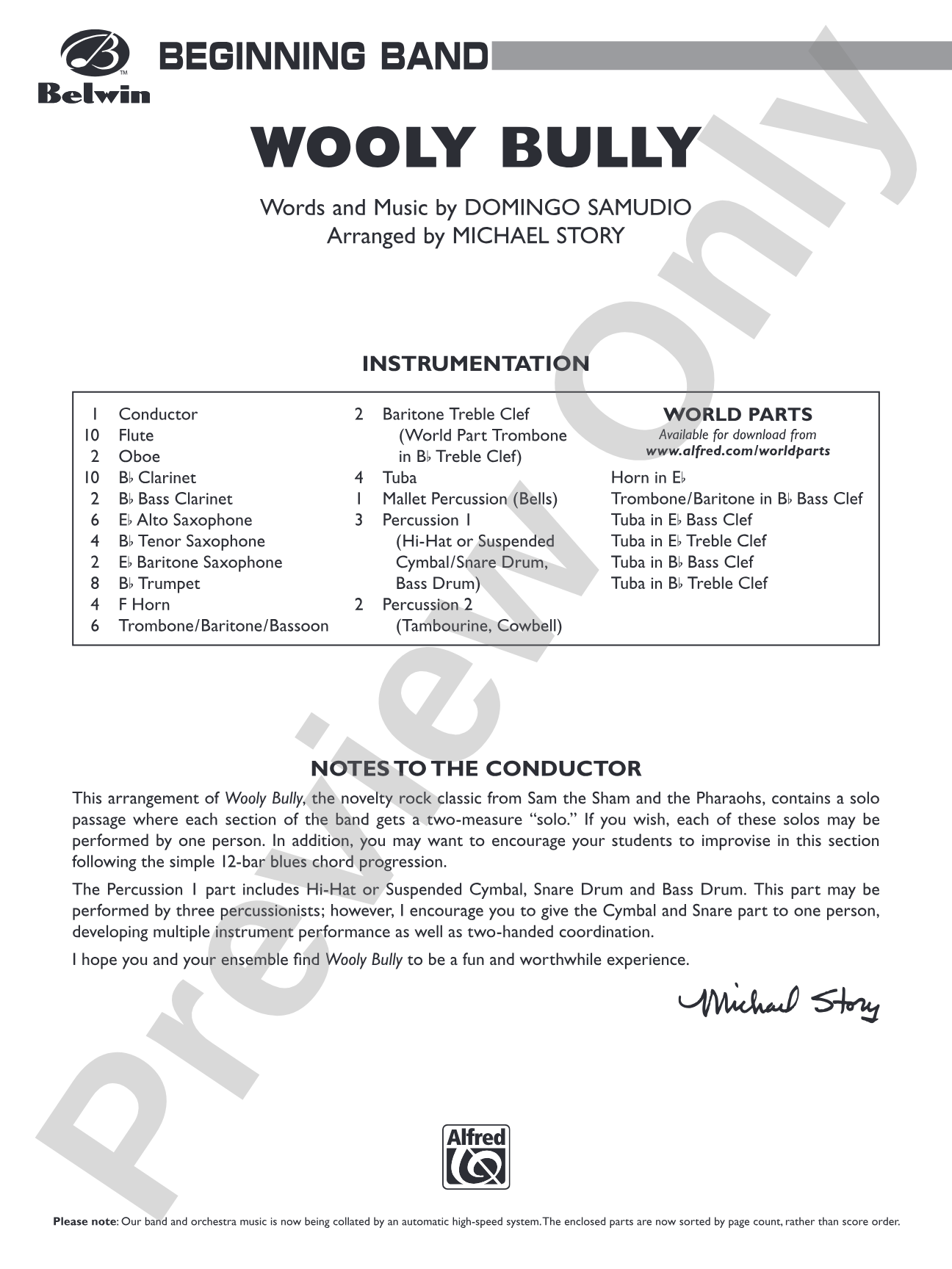 Wooly Bully: Concert Band Conductor Score & Parts
